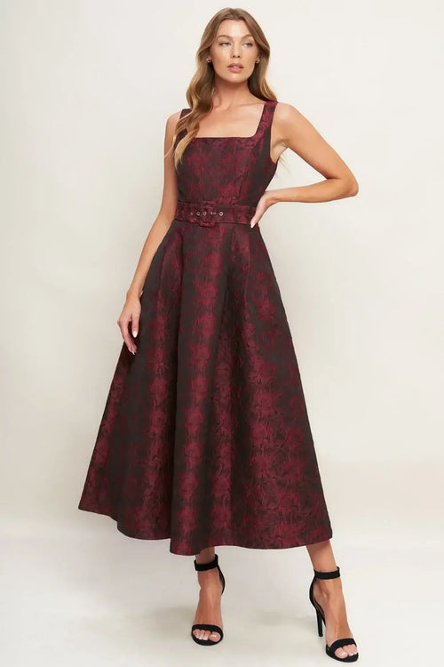 IMPERIAL ALLURE BLACK & RED JACQUARD MIDI DRESS - FINAL SALE