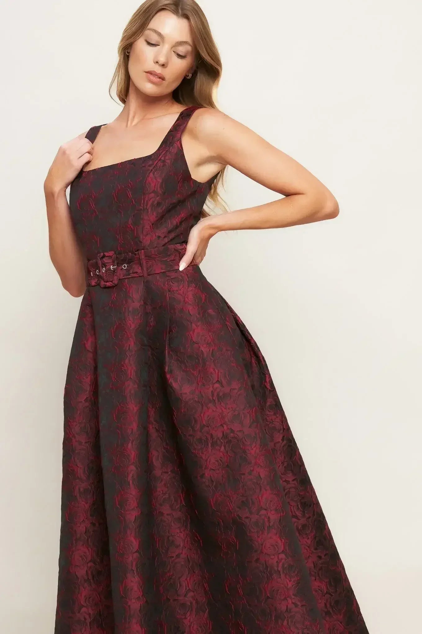 IMPERIAL ALLURE BLACK & RED JACQUARD MIDI DRESS - FINAL SALE