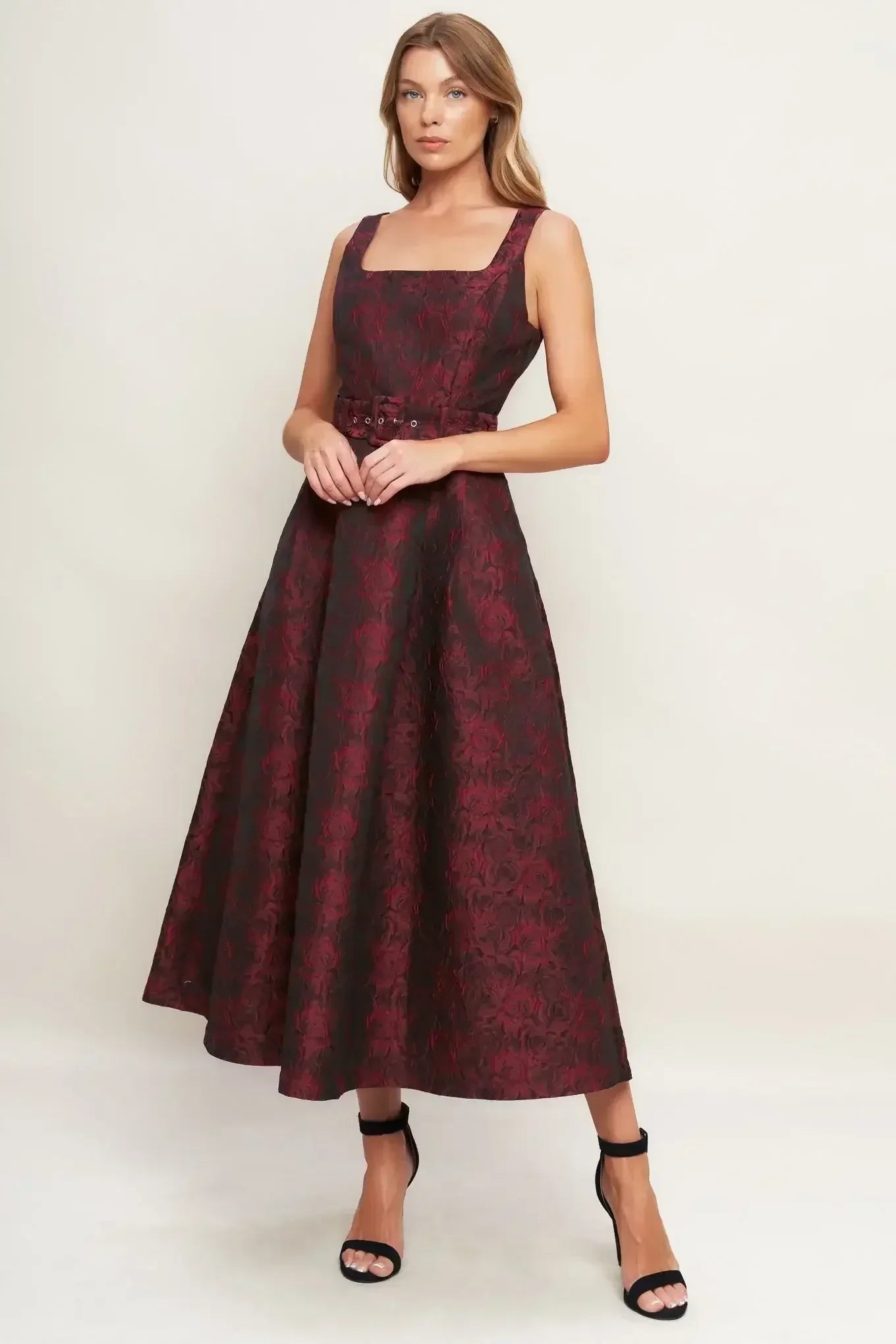 IMPERIAL ALLURE BLACK & RED JACQUARD MIDI DRESS - FINAL SALE