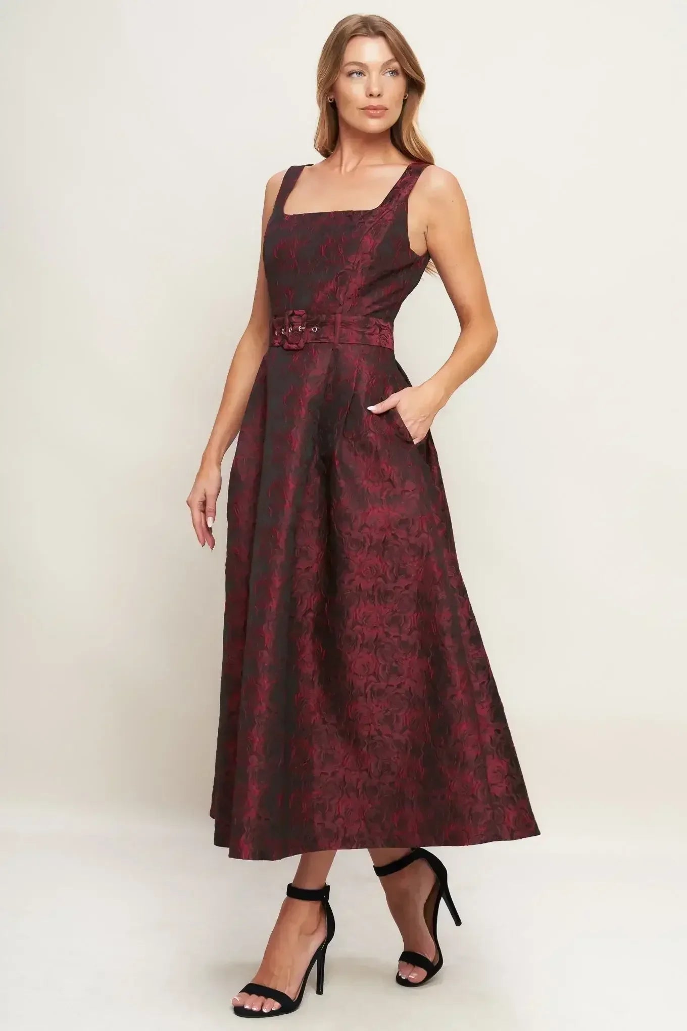 IMPERIAL ALLURE BLACK & RED JACQUARD MIDI DRESS - FINAL SALE