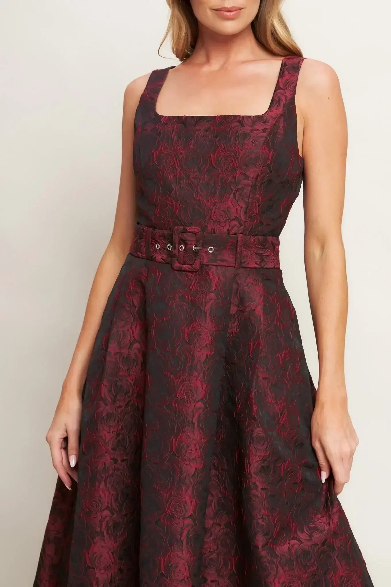 IMPERIAL ALLURE BLACK & RED JACQUARD MIDI DRESS - FINAL SALE