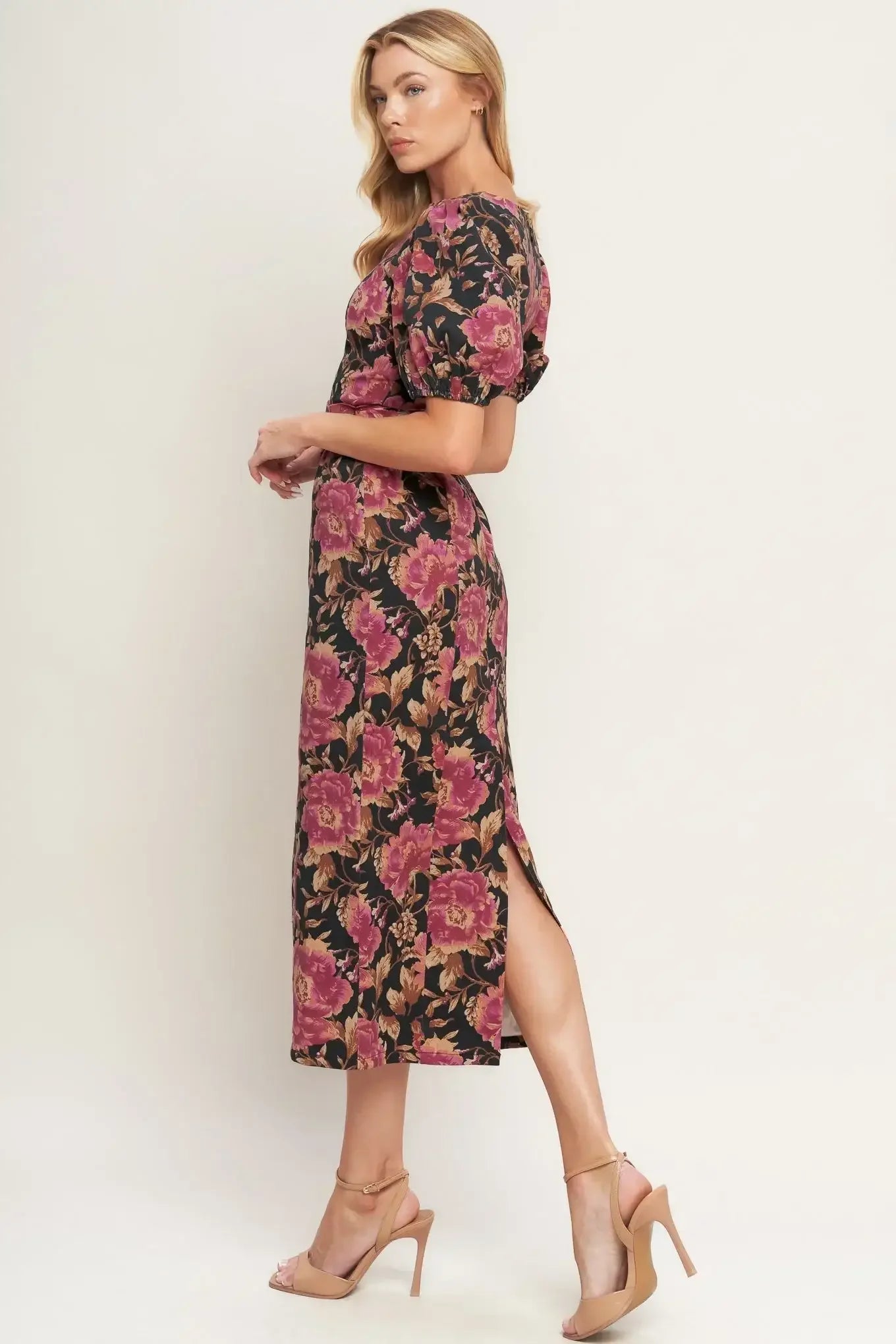 ROSE PUFF SLEEVE FITTED MIDI DRESS