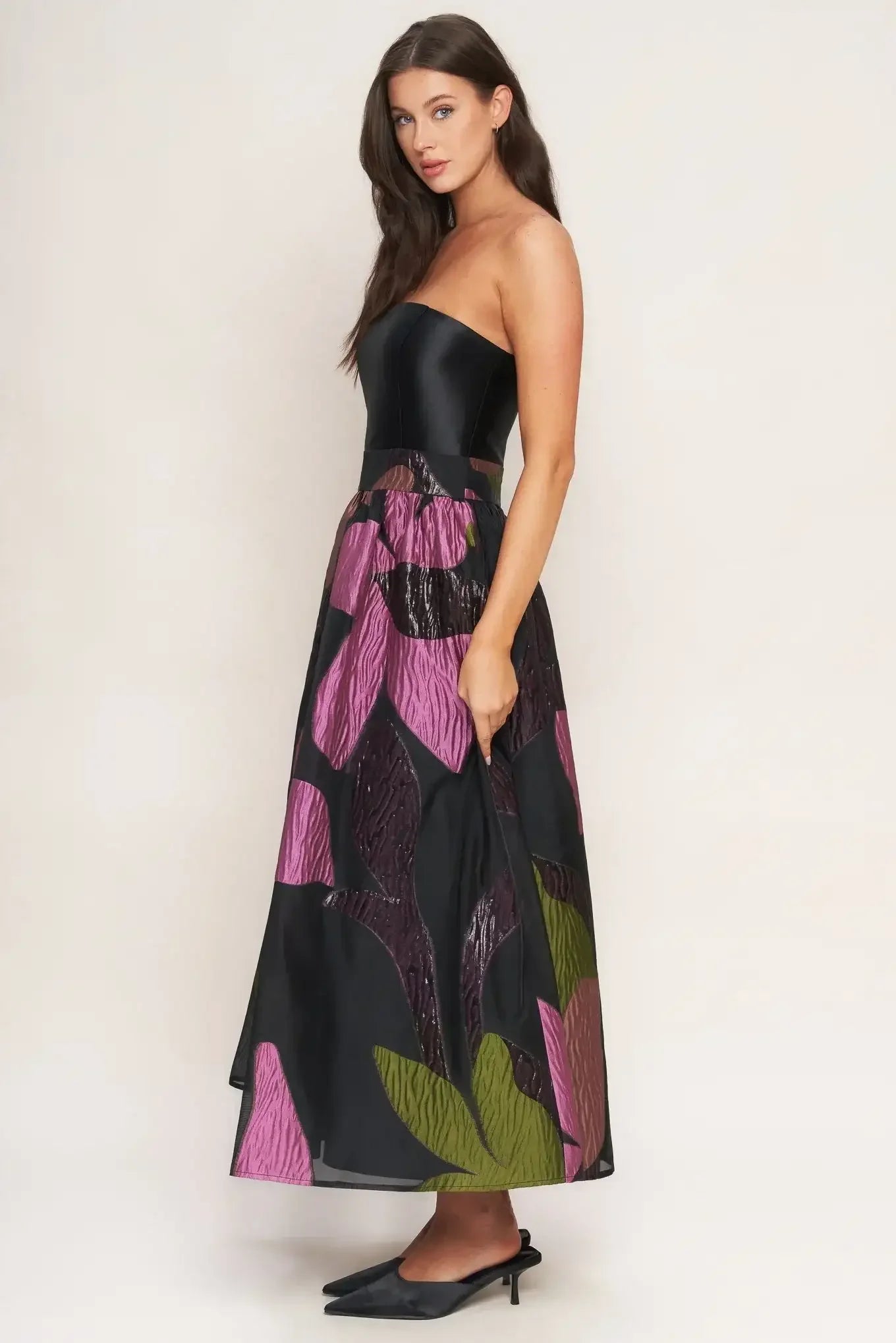 Women strapless black dress with colorful floral pattern