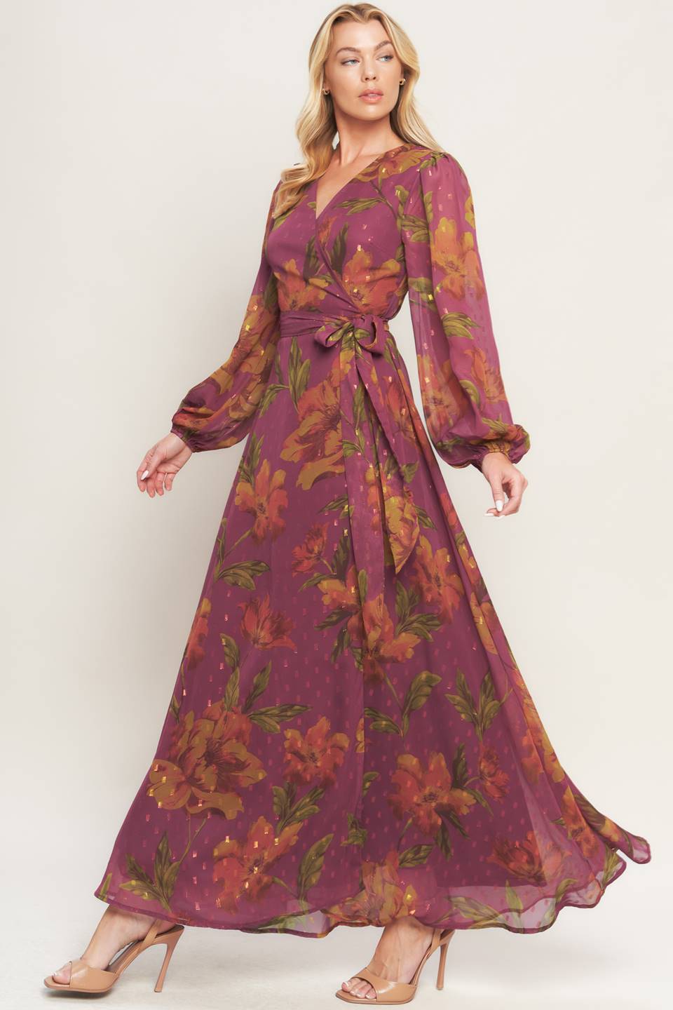 floral long sleeve maxi dress Lady Black Tie - Ember Garden Dark Mauve Floral Maxi Dress