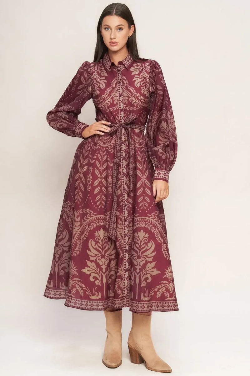 VINTAGE TAPESTRY LONG SLEEVE BURGUNDY MIDI DRESS