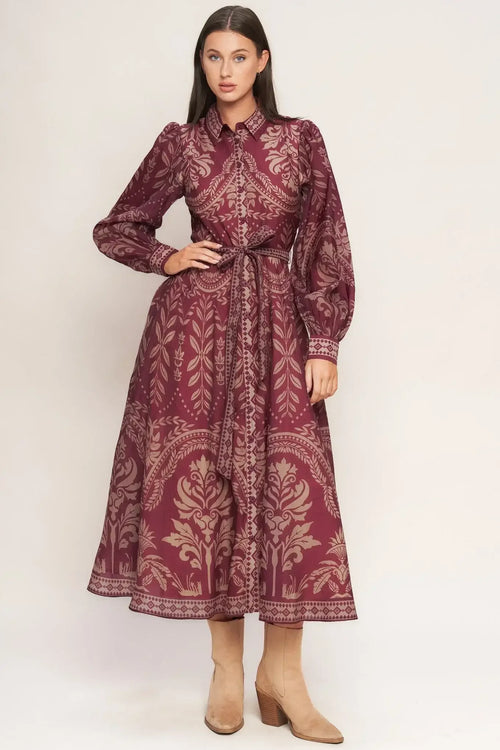 VINTAGE TAPESTRY LONG SLEEVE BURGUNDY MIDI DRESS