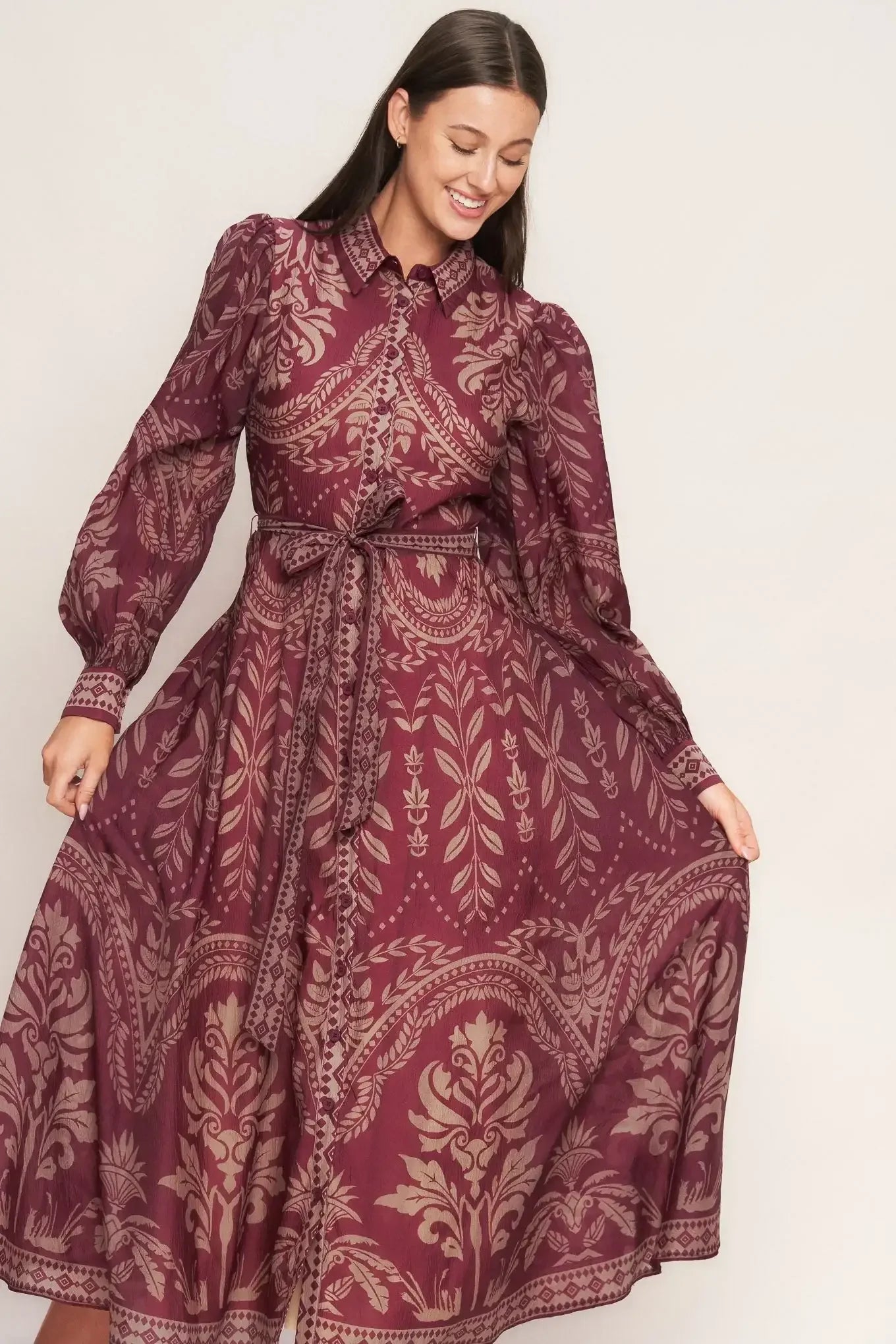 VINTAGE TAPESTRY LONG SLEEVE BURGUNDY MIDI DRESS