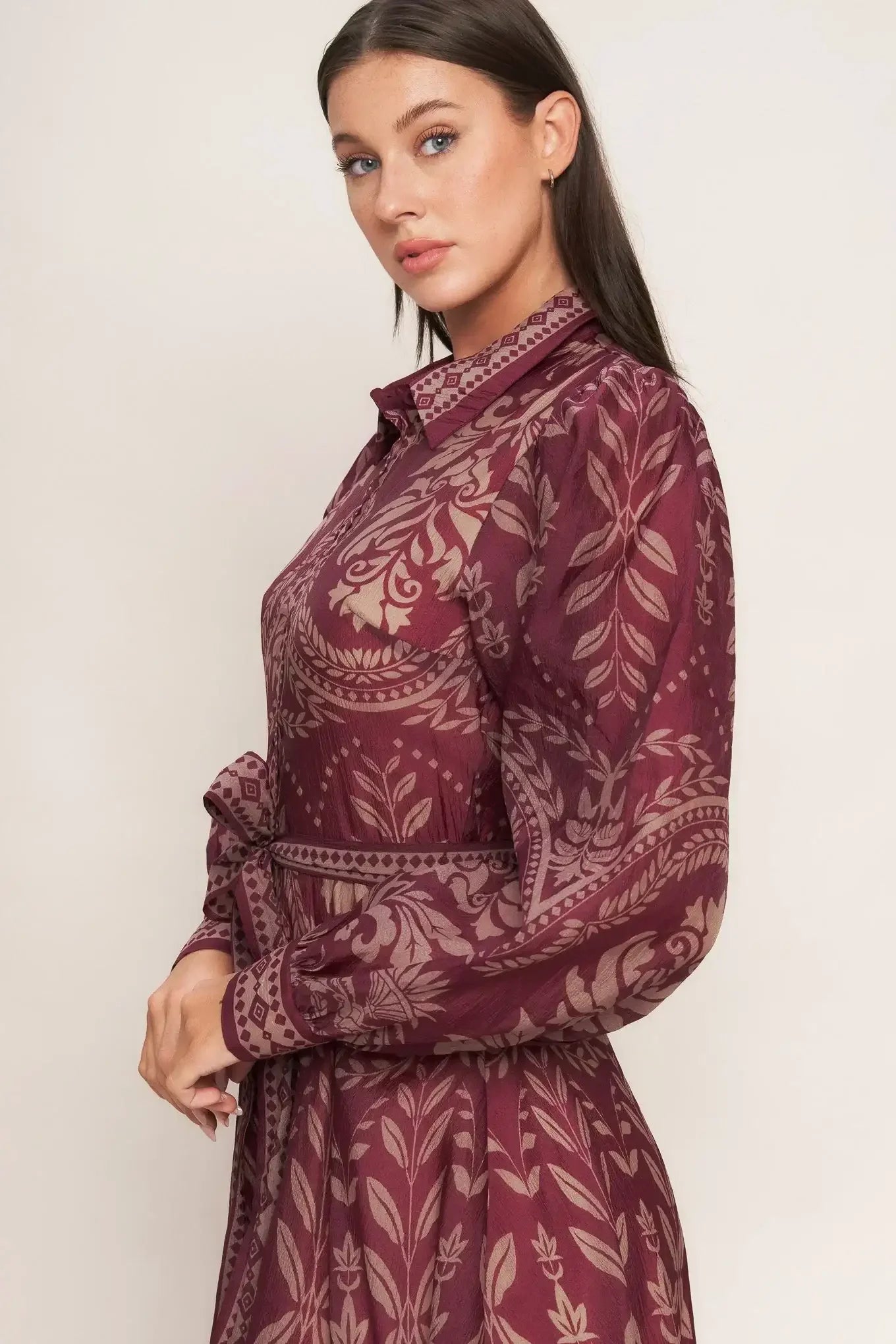 VINTAGE TAPESTRY LONG SLEEVE BURGUNDY MIDI DRESS