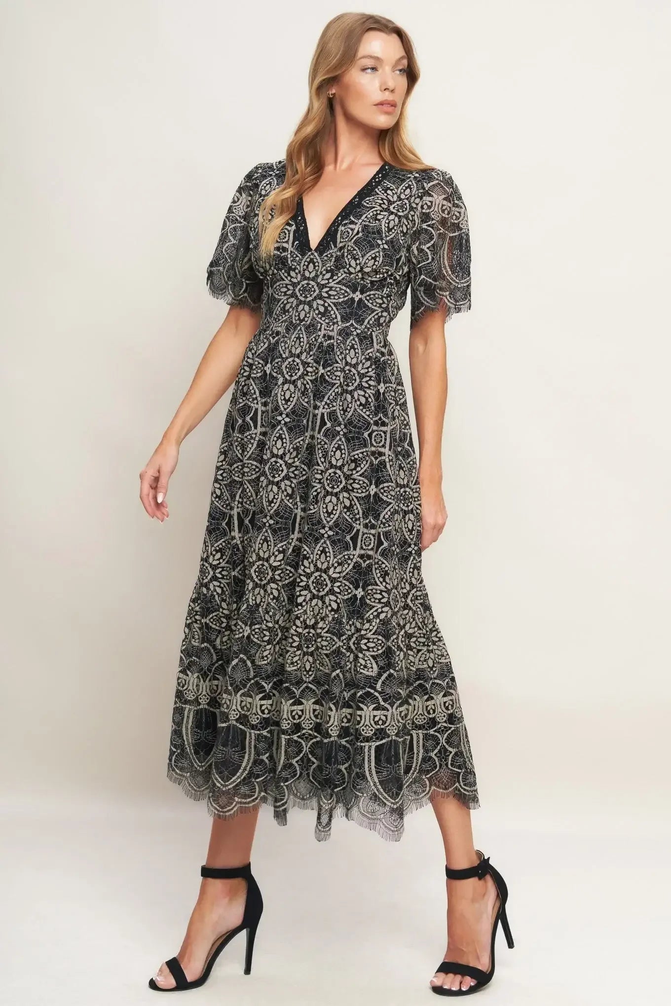 GOTHIC BLOOM BLACK LACE MIDI DRESS