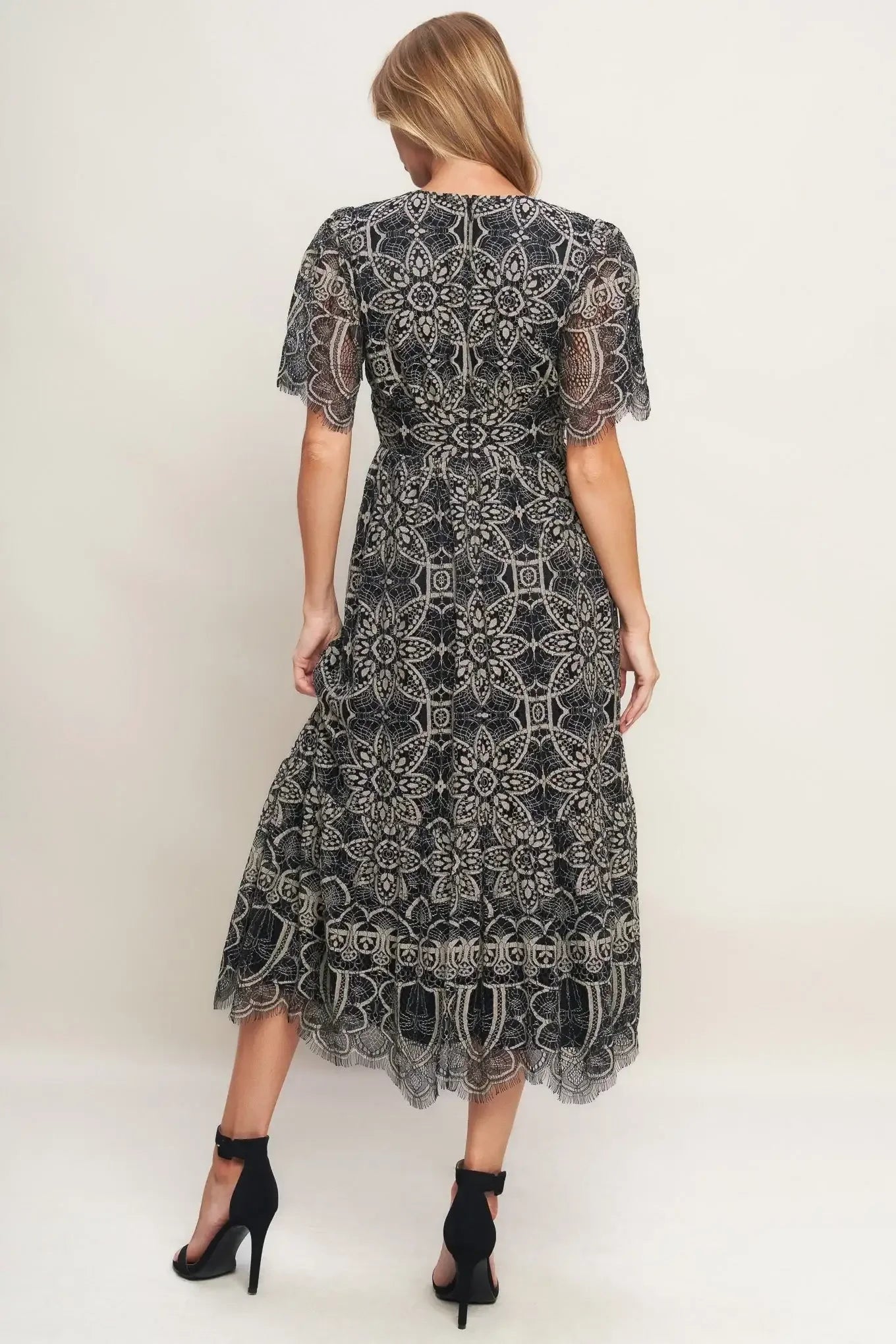 GOTHIC BLOOM BLACK LACE MIDI DRESS
