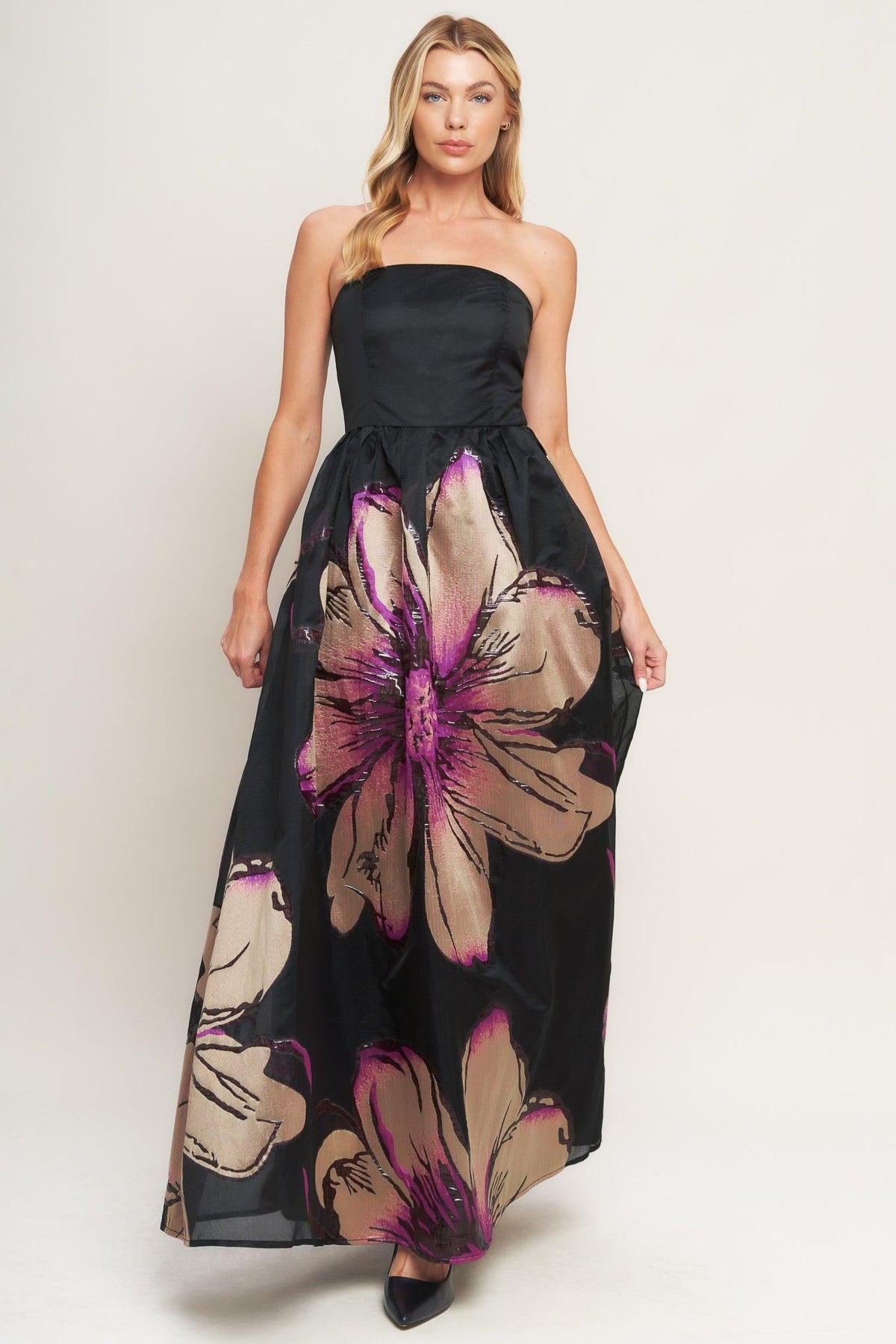 GILDED FLOWER STRAPLESS MAXI DRESS