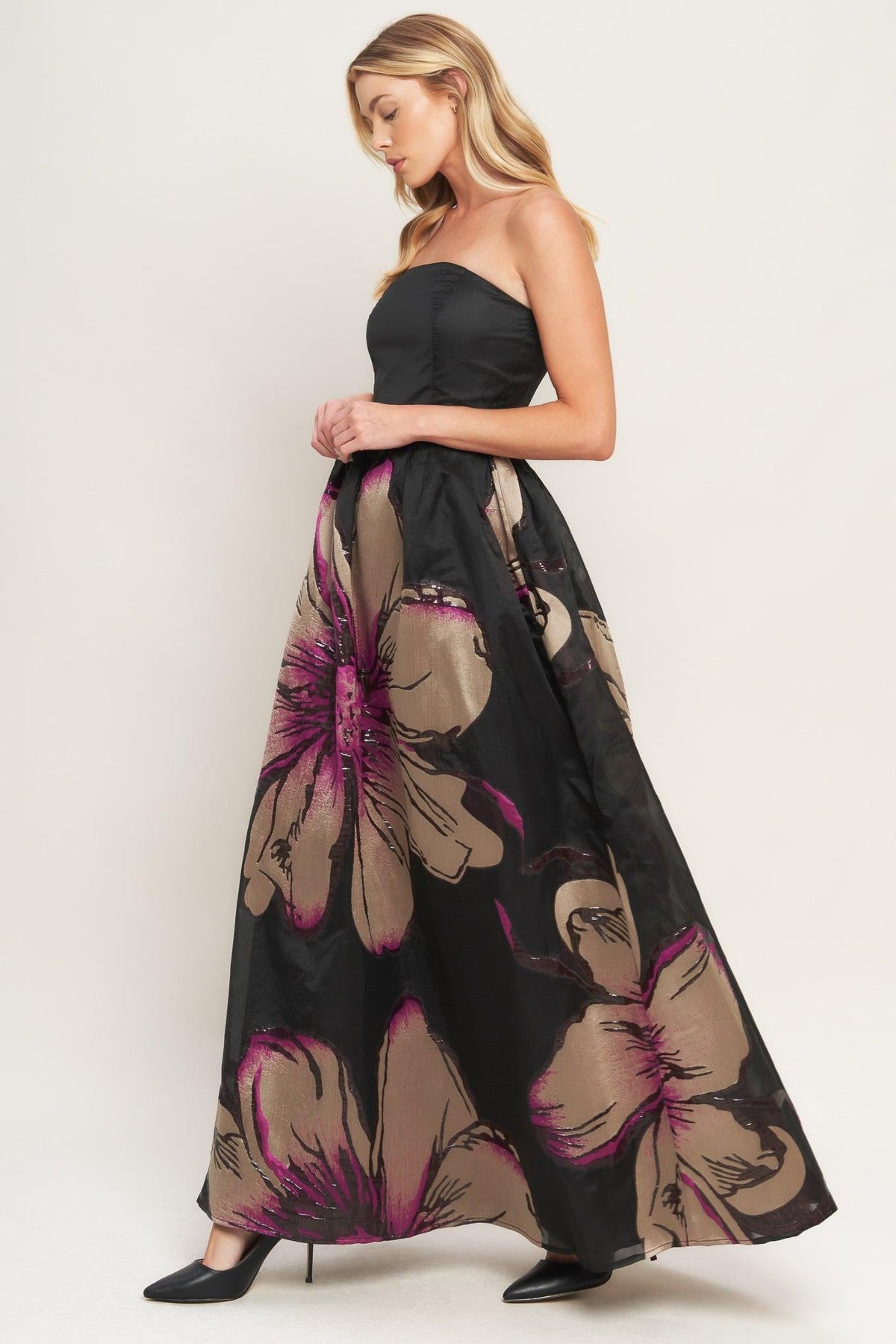 GILDED FLOWER STRAPLESS MAXI DRESS