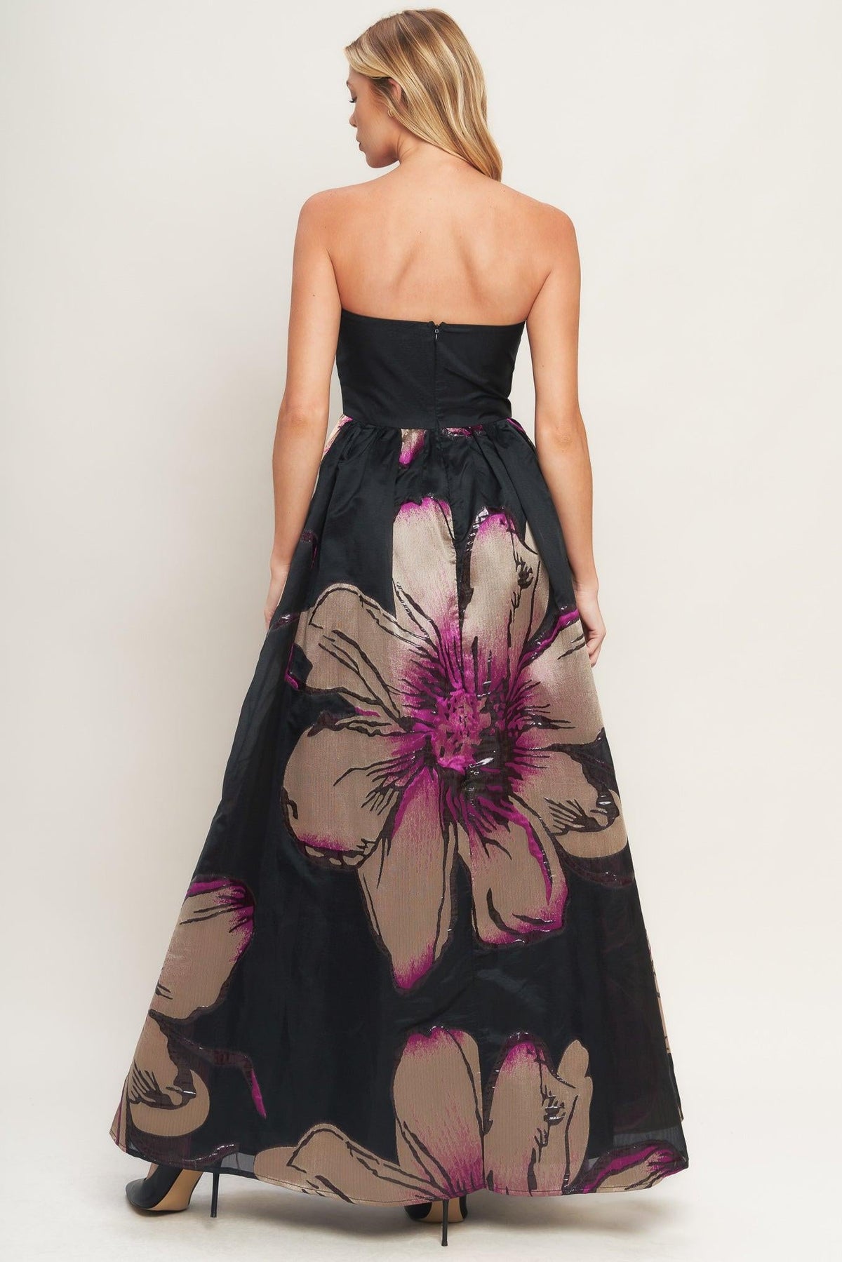 GILDED FLOWER STRAPLESS MAXI DRESS