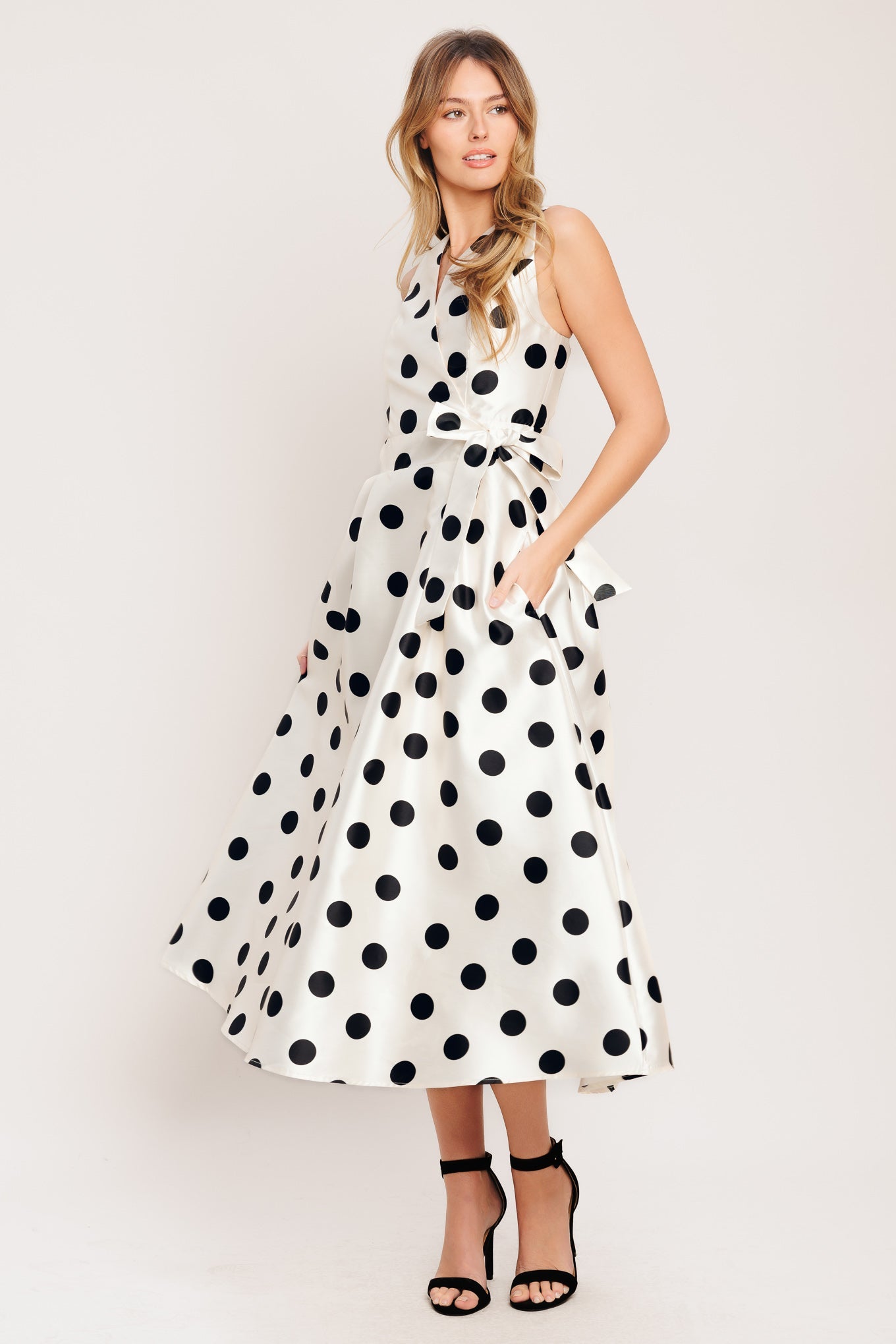 black and white polka dot midi dress Black And White Polka Dot Cut Out Midi Dress
