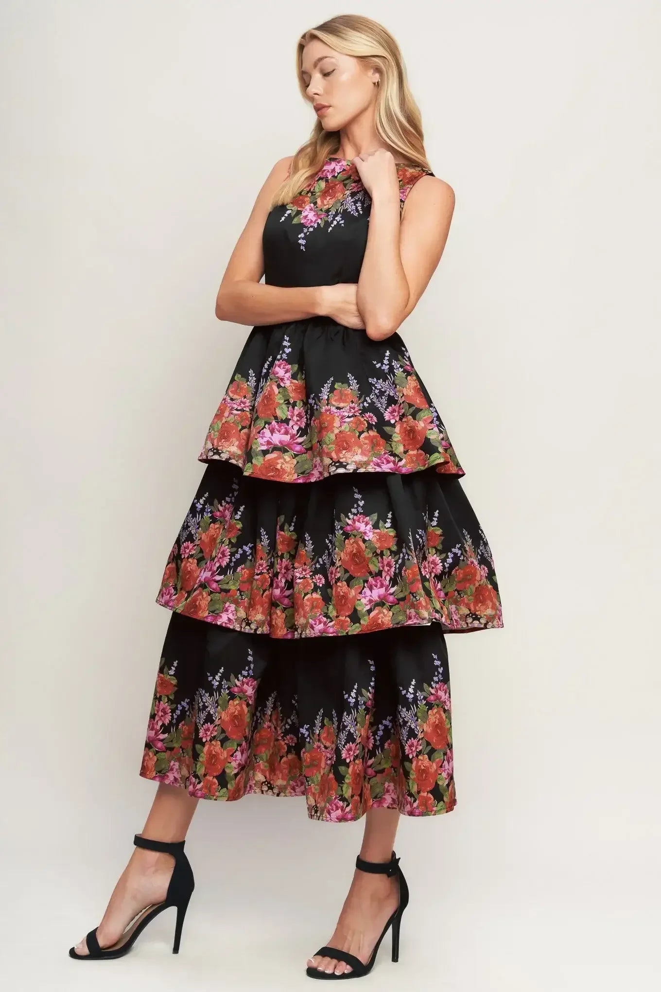 Black floral tiered dress