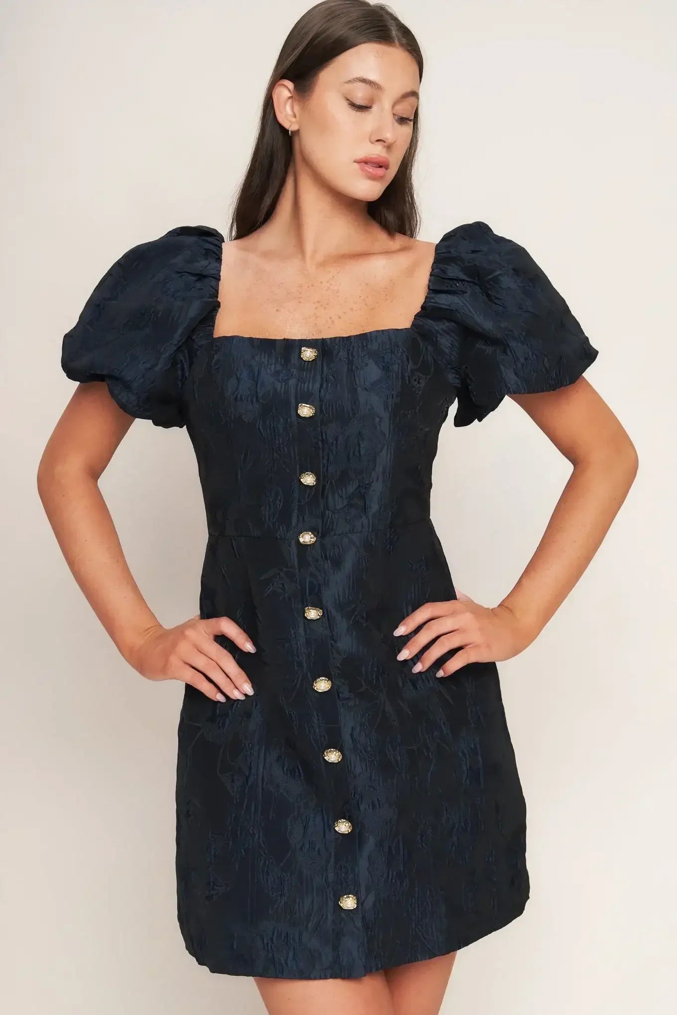 Dark blue dress with puff sleeves