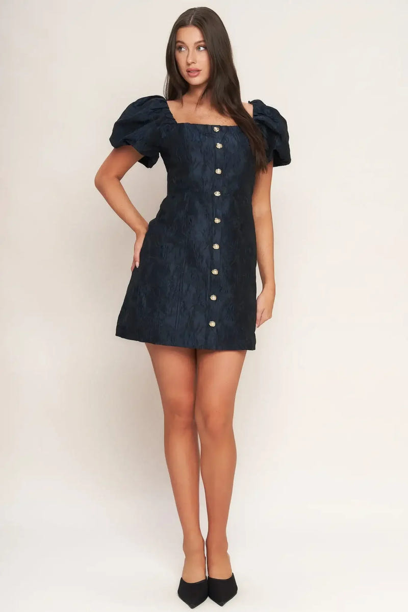 GOLDEN MOON NAVY PUFF SLEEVE MINI DRESS