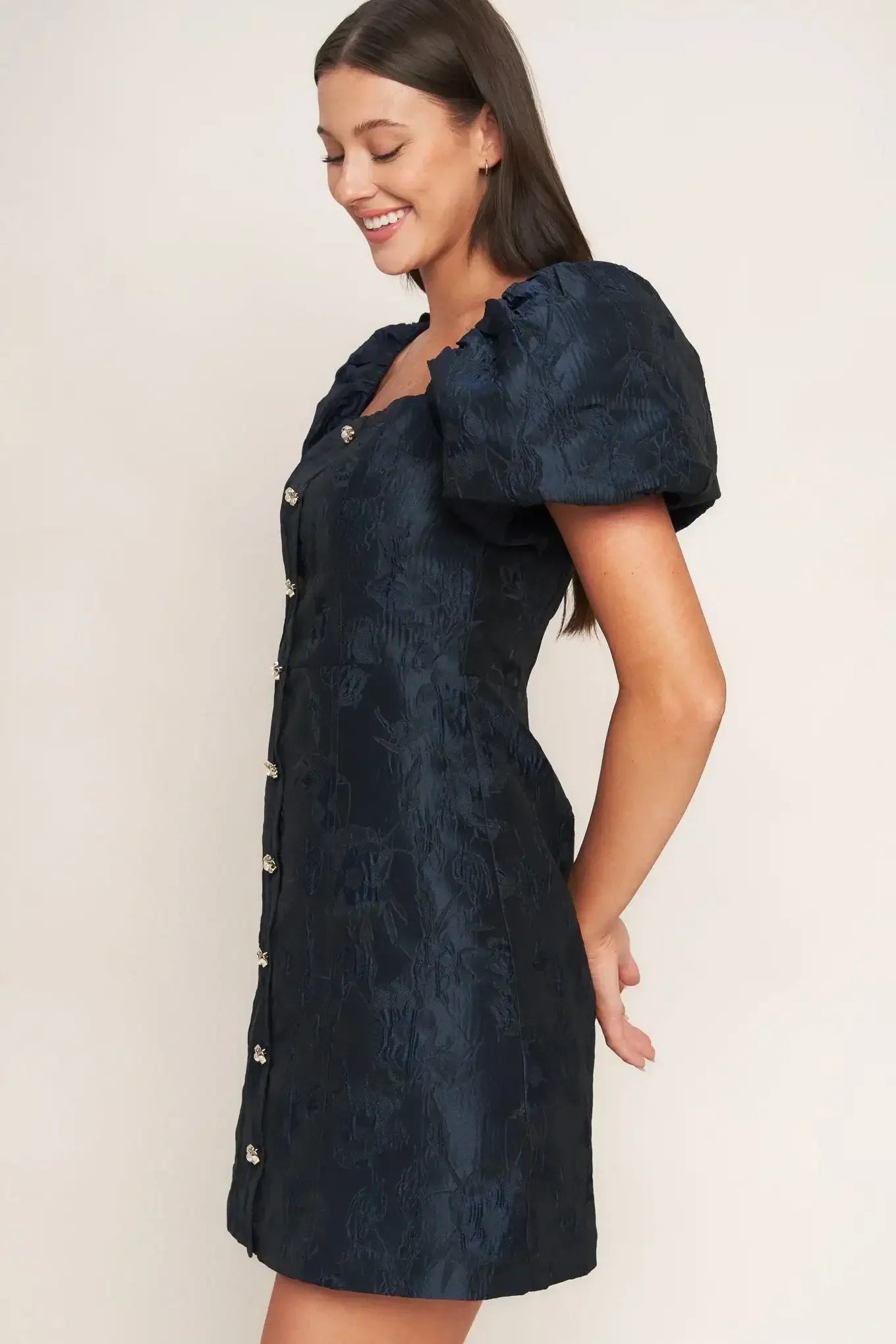 Dark blue dress with puff sleeves