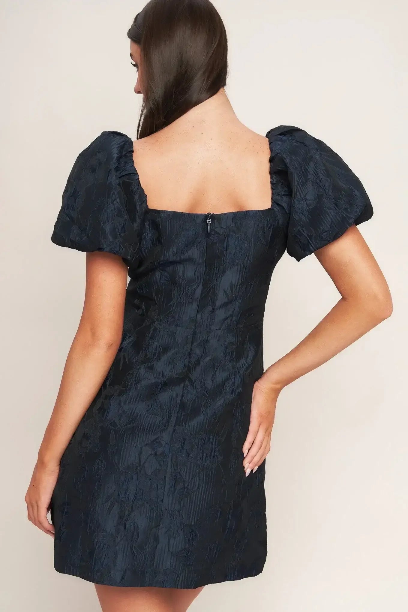 Dark blue dress with puff sleeves