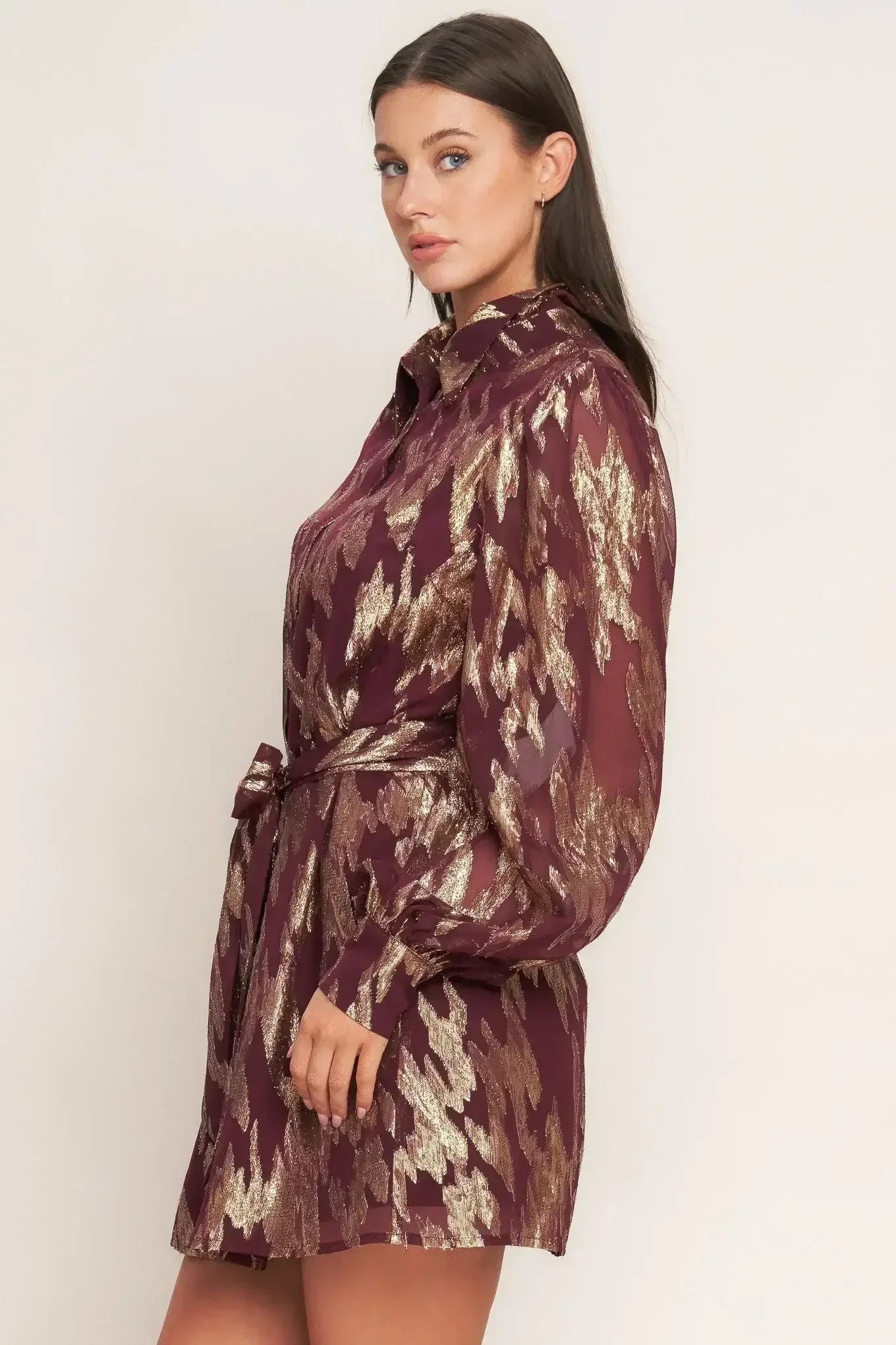 Patterned dress with beige boots