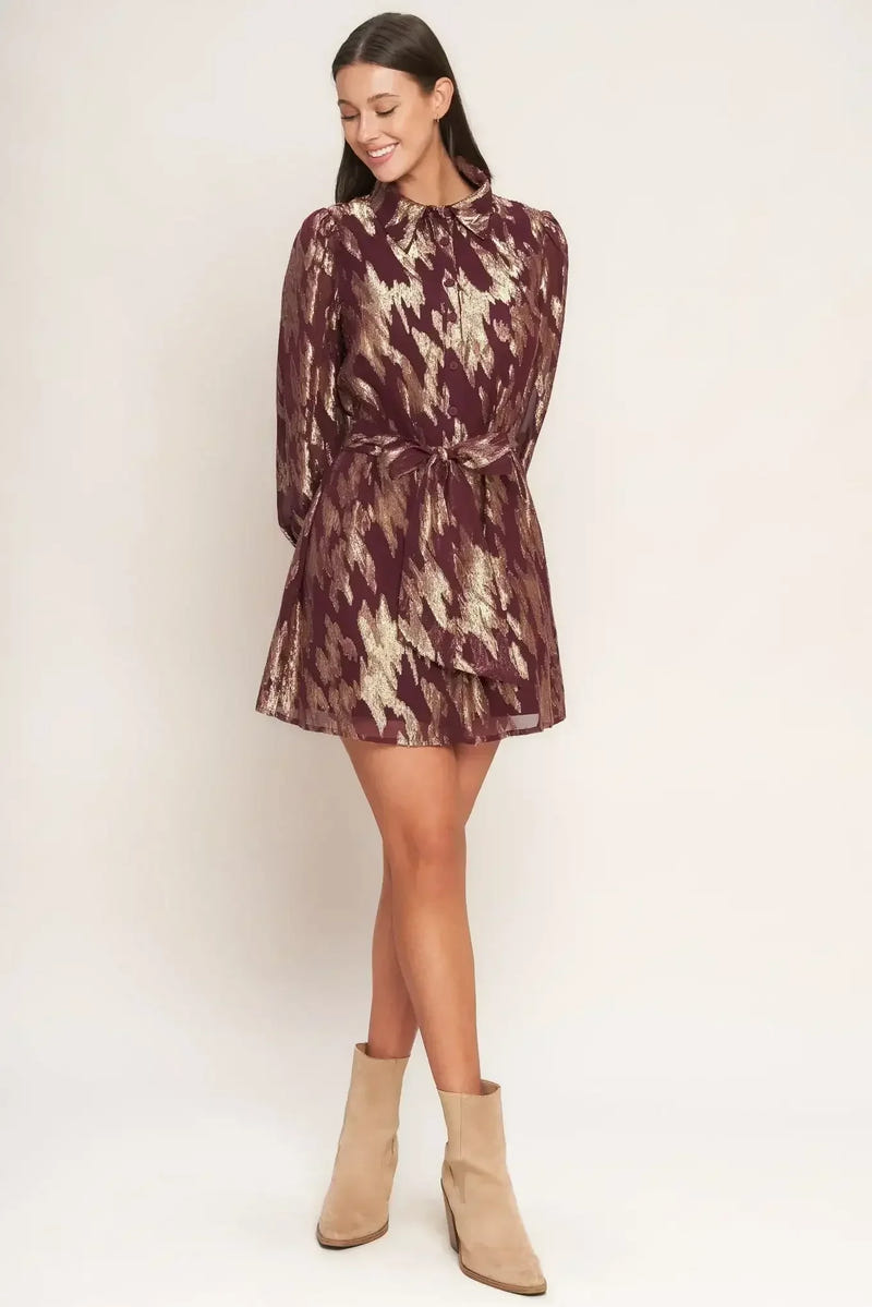 METALLIC MUSE BURGUNDY LONG SLEEVE MINI DRESS