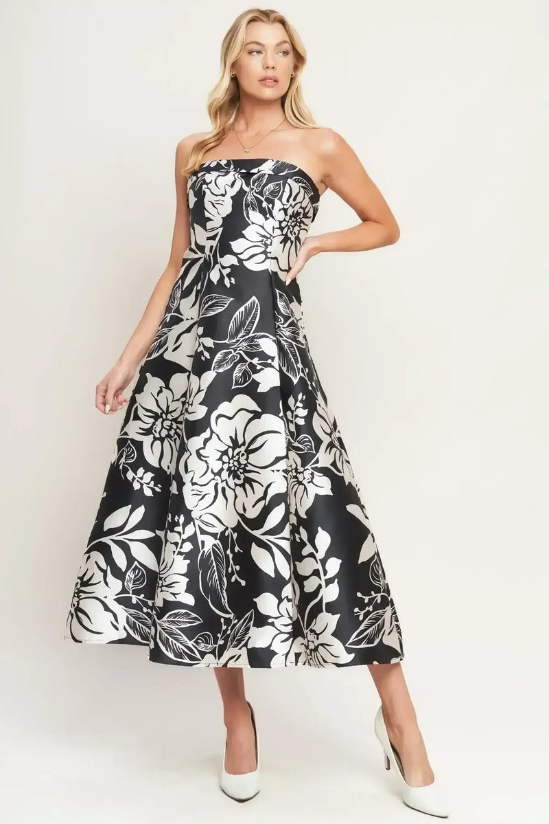 ELEGANT BLOOM SWIRL BLACK FLORAL MIDI DRESS