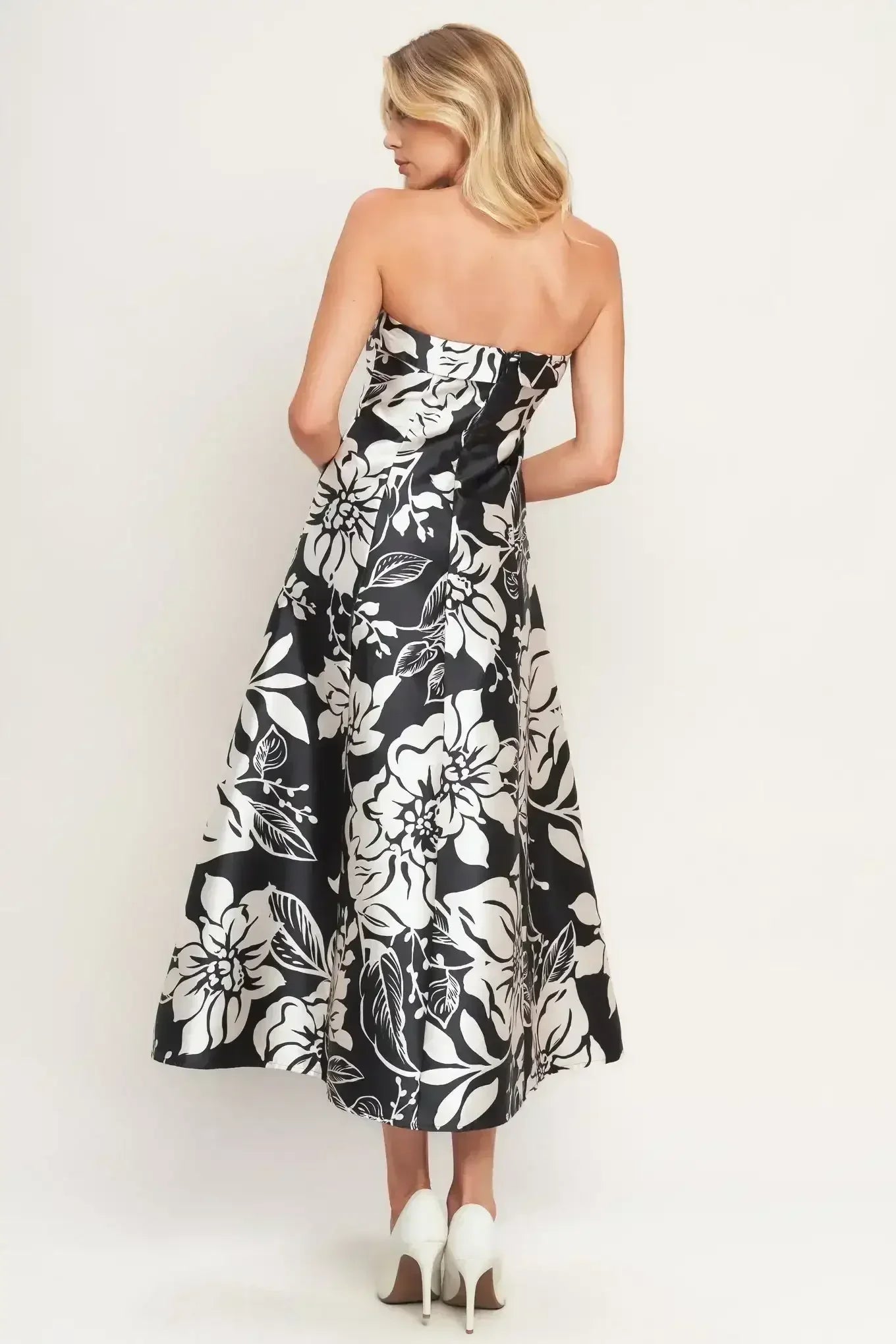 Strapless black and white floral dress