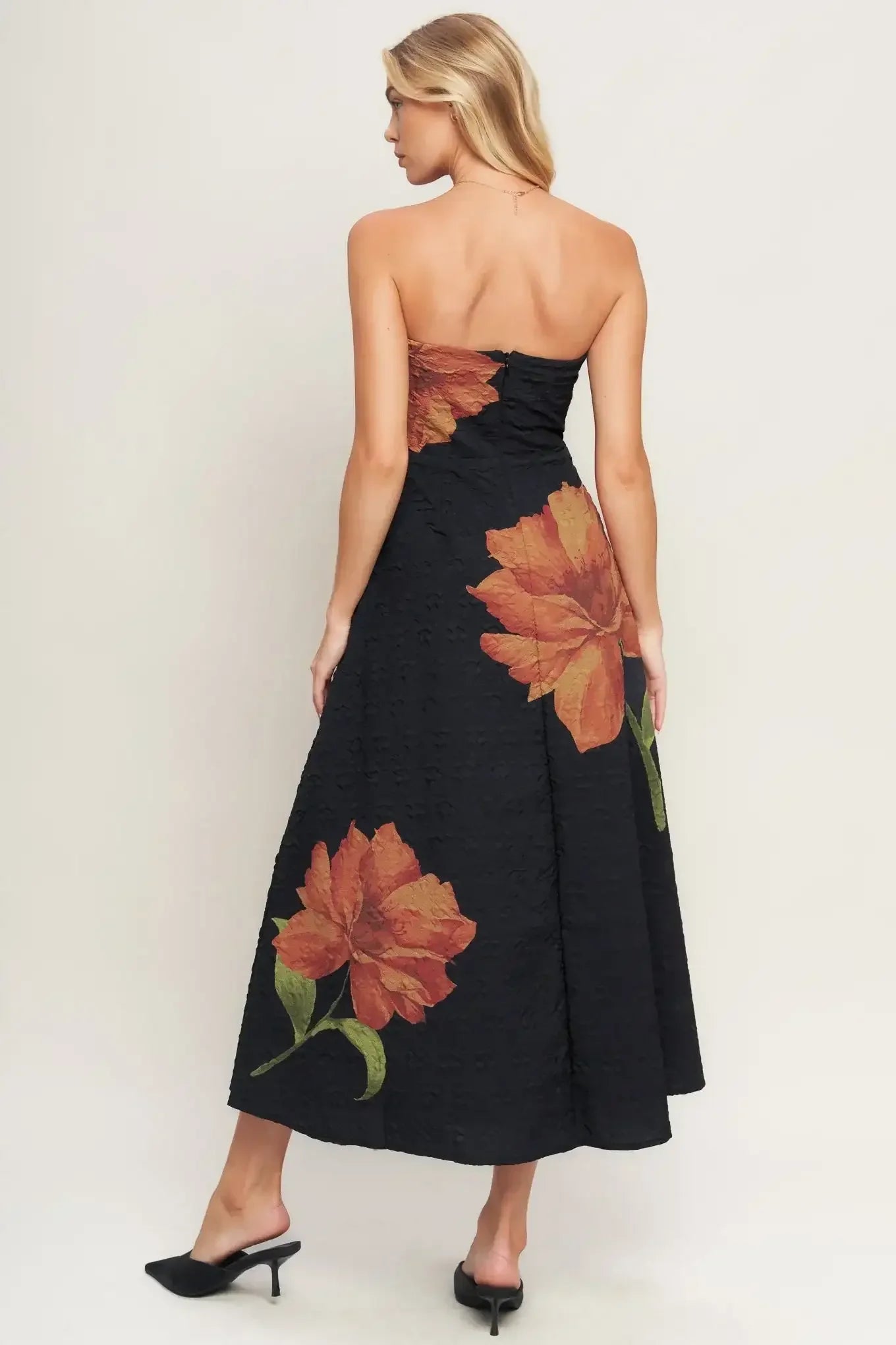 ART NOUVEAU BLOOM BLACK FLORAL MIDI DRESS