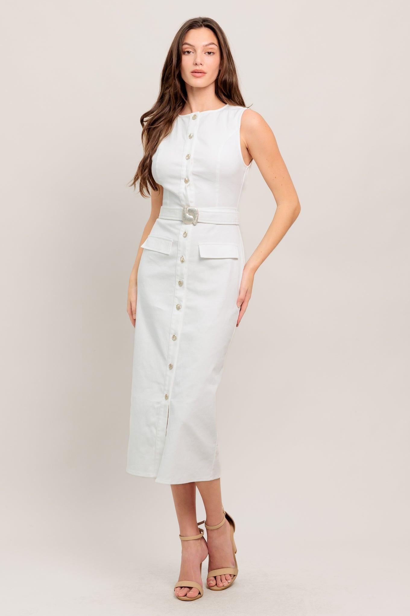 Lady Black Tie - Real Romance - Button Front White Denim Midi Dress