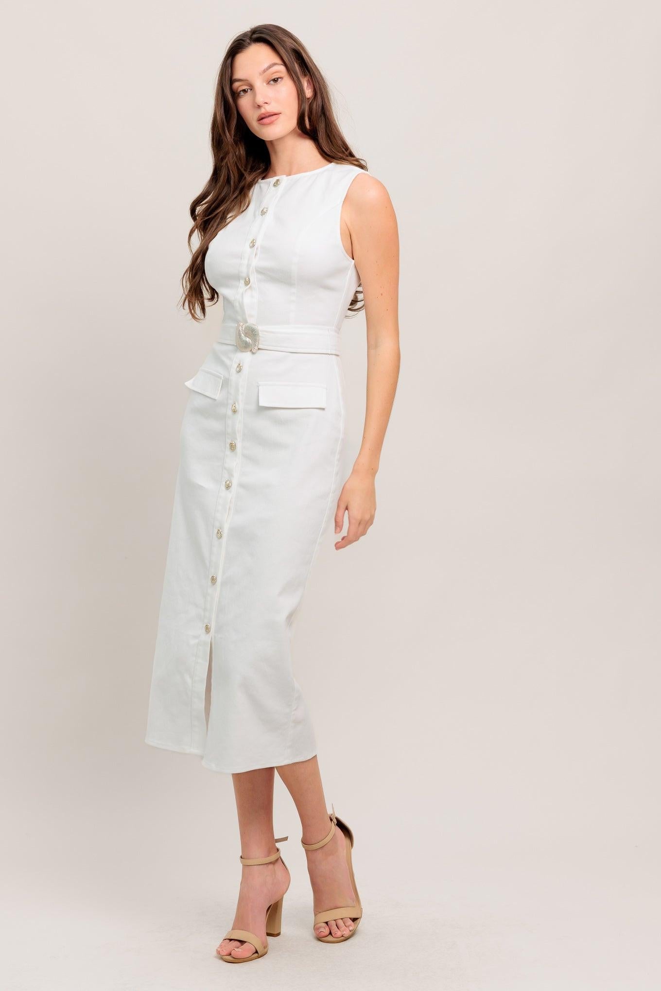 midi white denim dress Lady Black Tie - Real Romance White Denim Midi Dress