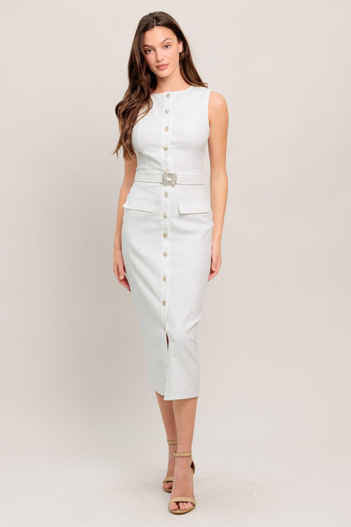 REAL ROMANCE - BUTTON FRONT WHITE DENIM MIDI DRESS