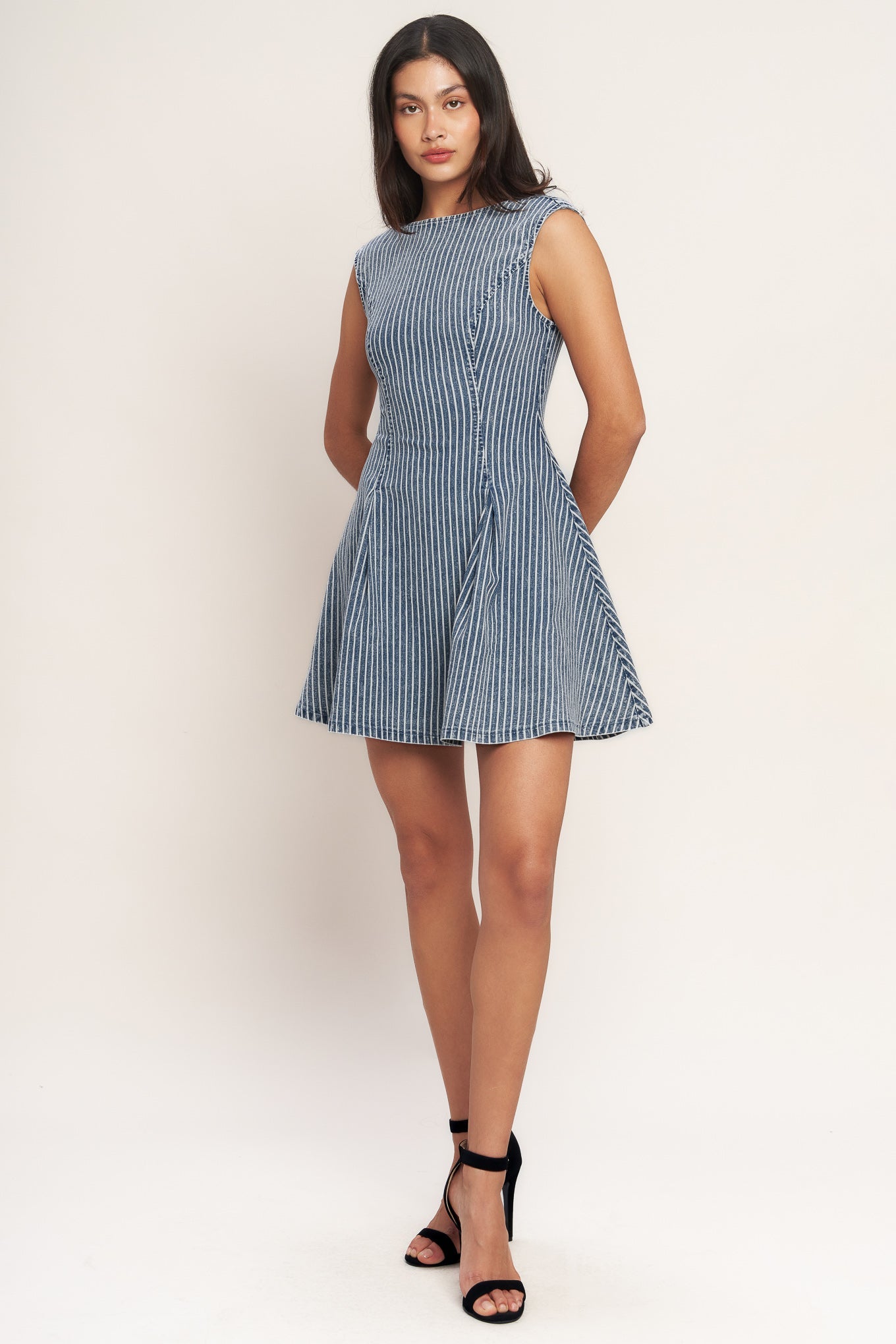 PERFECTLY PLANNED STRIPED DENIM MINI DRESS