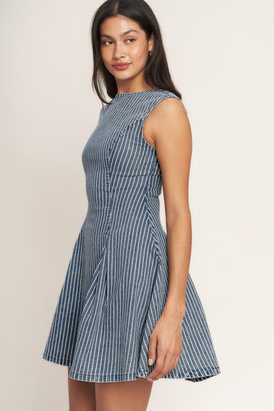 PERFECT PLANS - STRIPED FIT & FLARE DENIM MINI DRESS