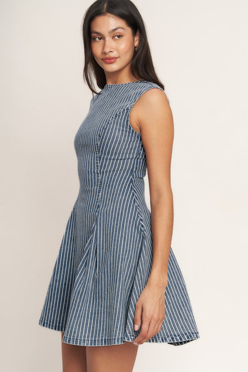 PERFECT PLANS - STRIPED FIT & FLARE DENIM MINI DRESS