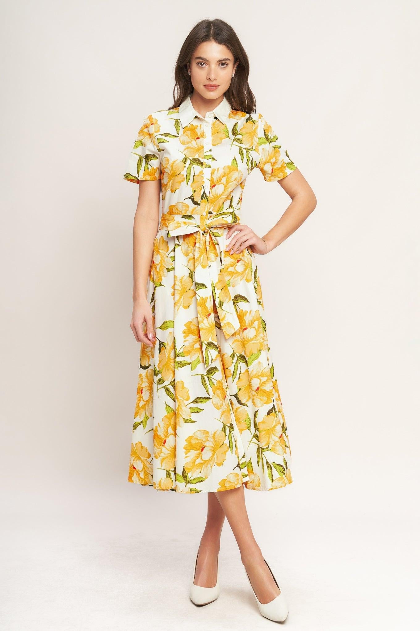 Lady Black Tie - Uplifting Palette Yellow Floral Midi Dress Lady Black Tie - Uplifting Palette Yellow Floral Midi Dress