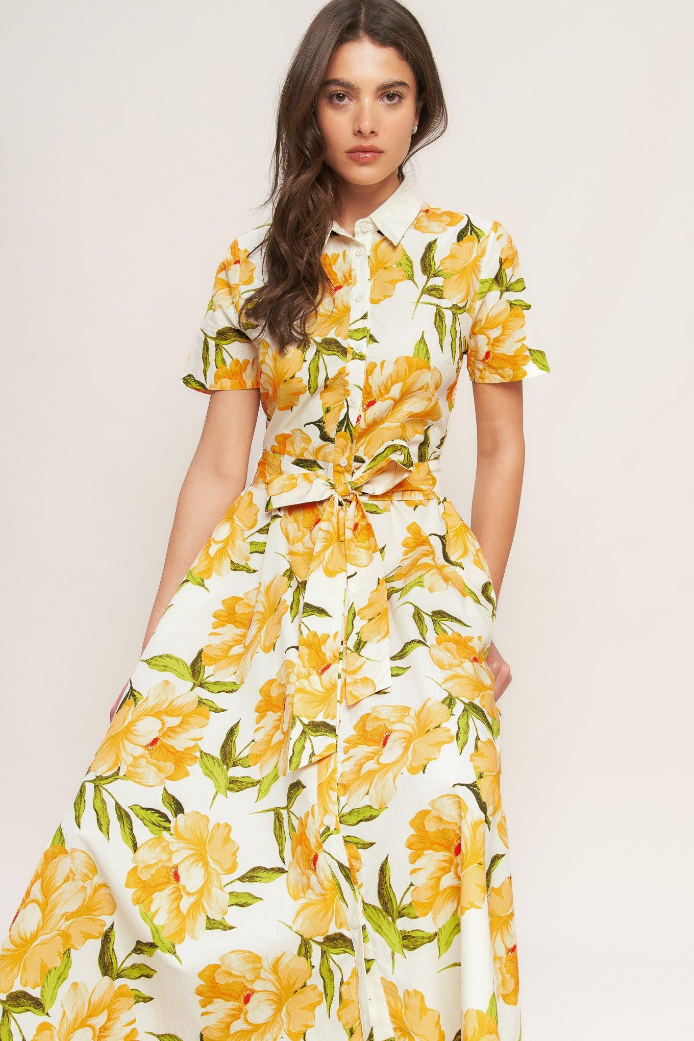 Lady Black Tie - Uplifting Palette Yellow Floral Midi Dress Lady Black Tie - Uplifting Palette Yellow Floral Midi Dress
