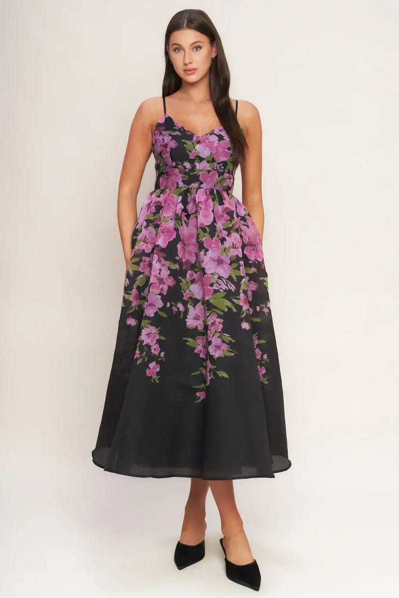 NIGHTFALL BLOSSOM BLACK MIDI DRESS
