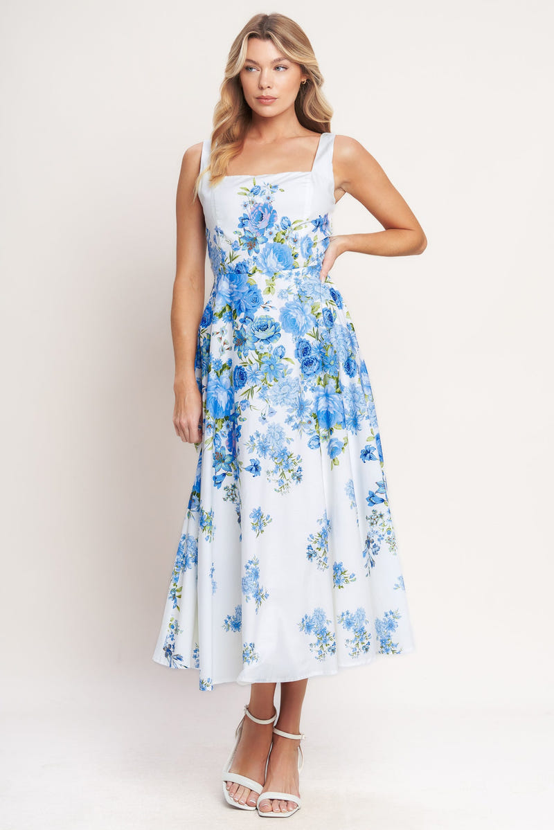 CLASSIC BLOOM BLUE FLORAL MIDI DRESS