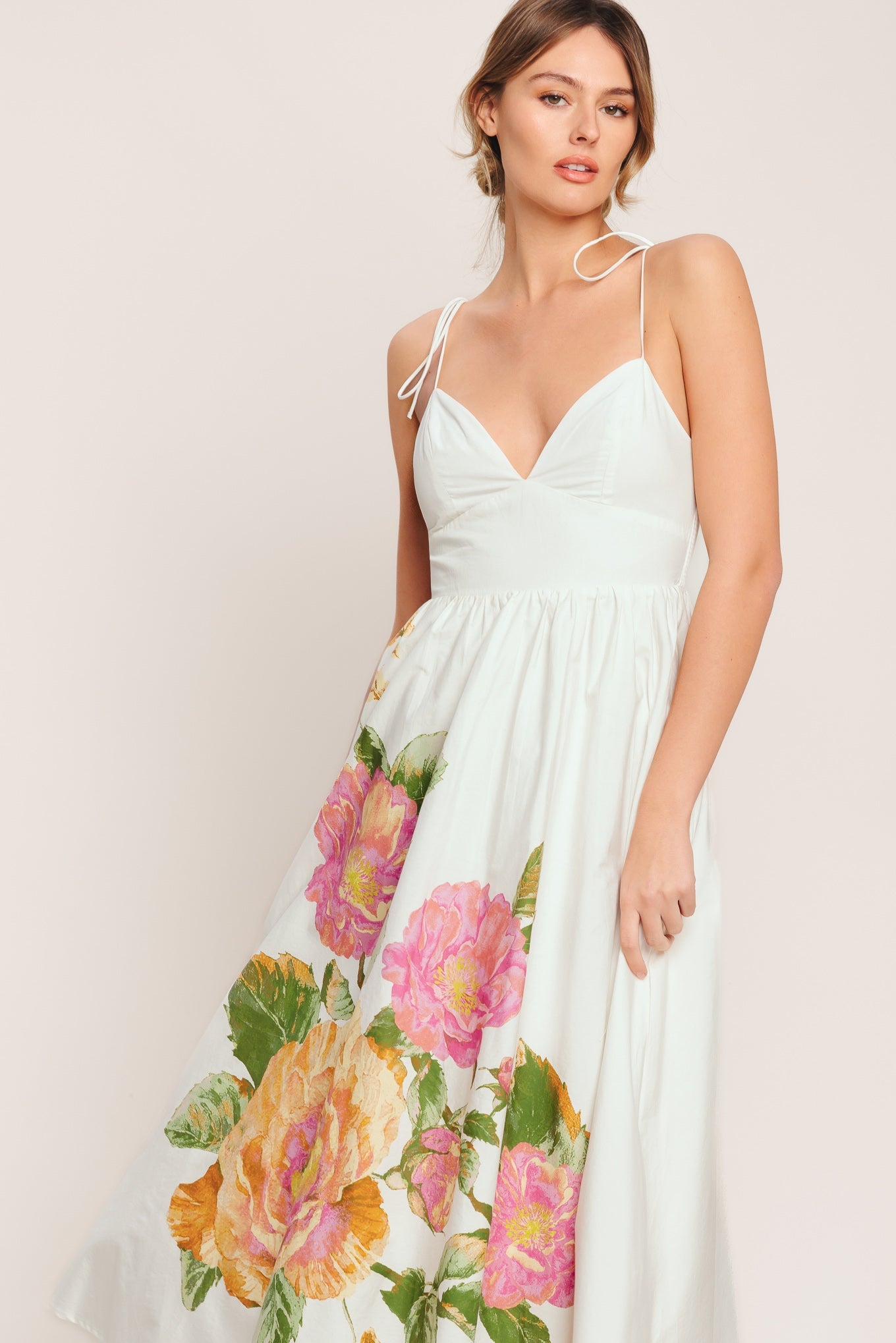 POETIC BLOOM IVORY FLORAL MIDI DRESS