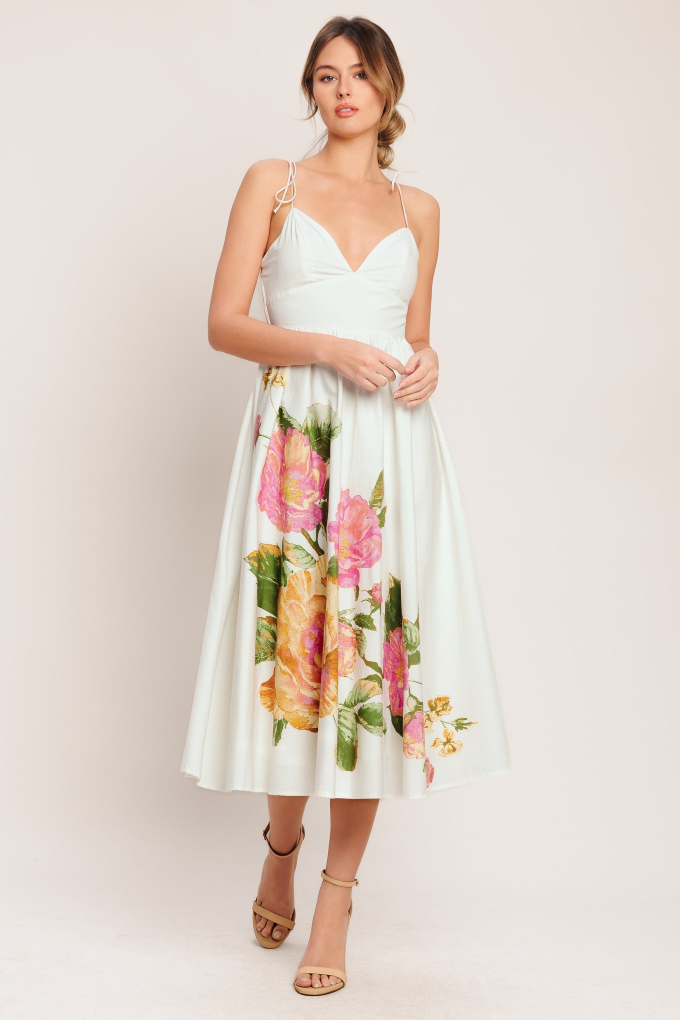 POETIC BLOOM IVORY FLORAL MIDI DRESS