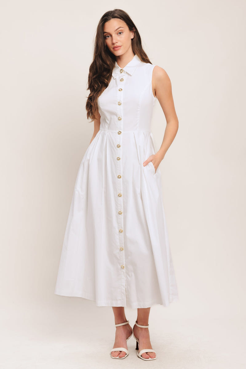 PEARL BUTTON DOWN WHITE MIDI DRESS