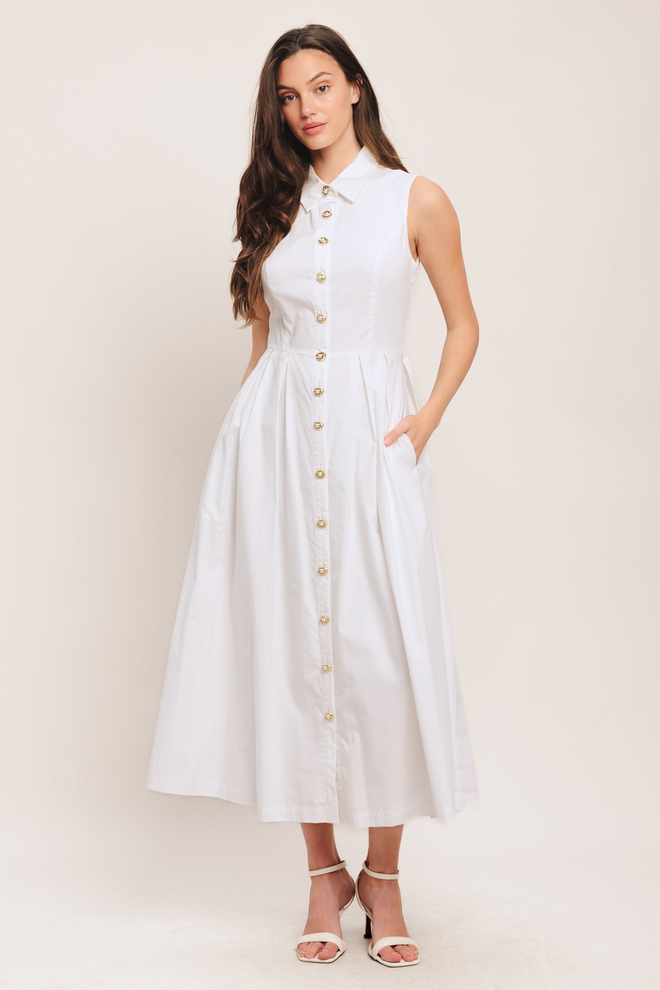 PEARL BUTTON DOWN WHITE MIDI DRESS