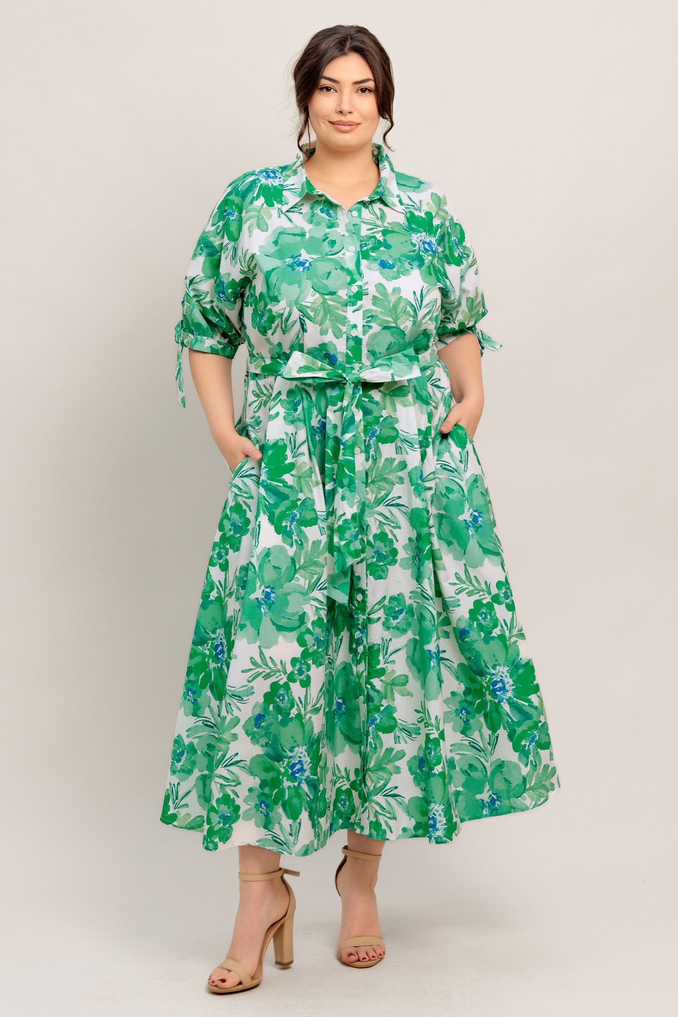 SIMPLY IN BLOOM GREEN FLORAL MIDI SHIRT DRESS