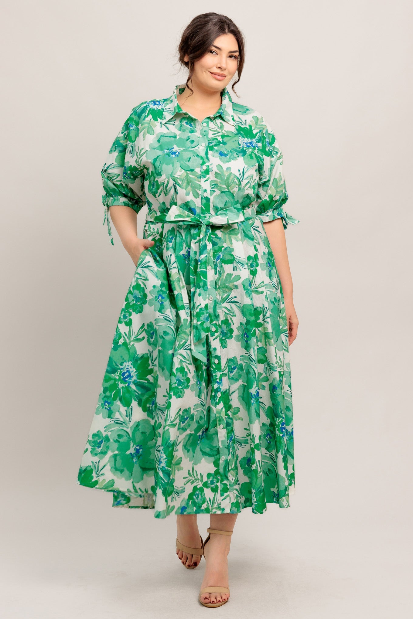 SIMPLY IN BLOOM GREEN FLORAL MIDI SHIRT DRESS