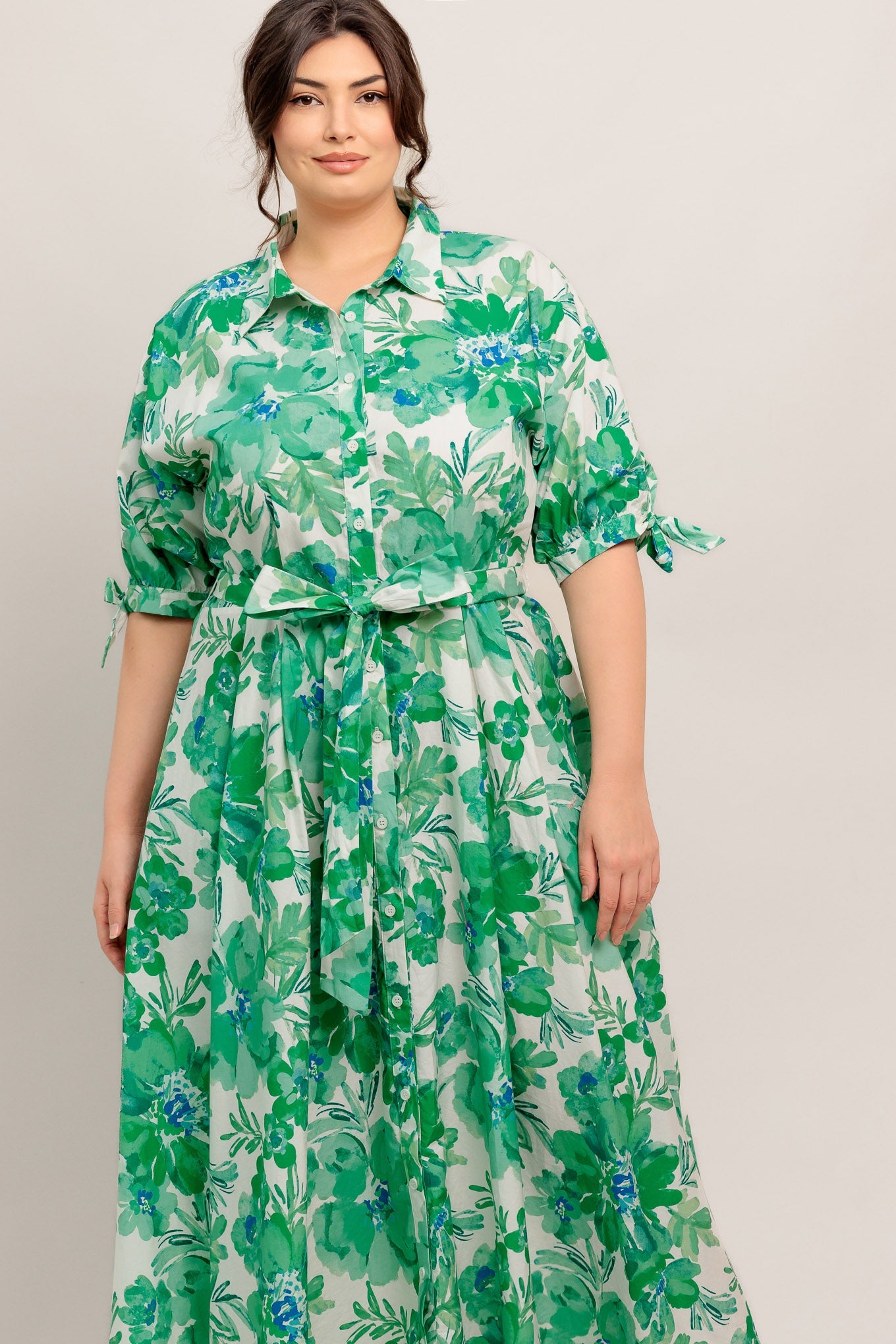 SIMPLY IN BLOOM GREEN FLORAL MIDI SHIRT DRESS