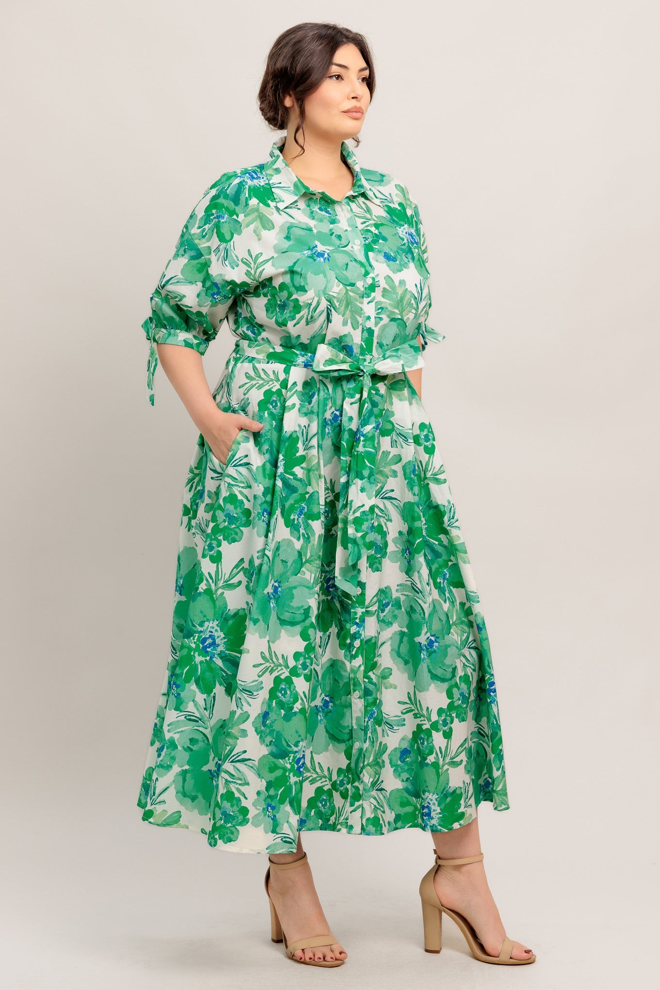 SIMPLY IN BLOOM GREEN FLORAL MIDI SHIRT DRESS