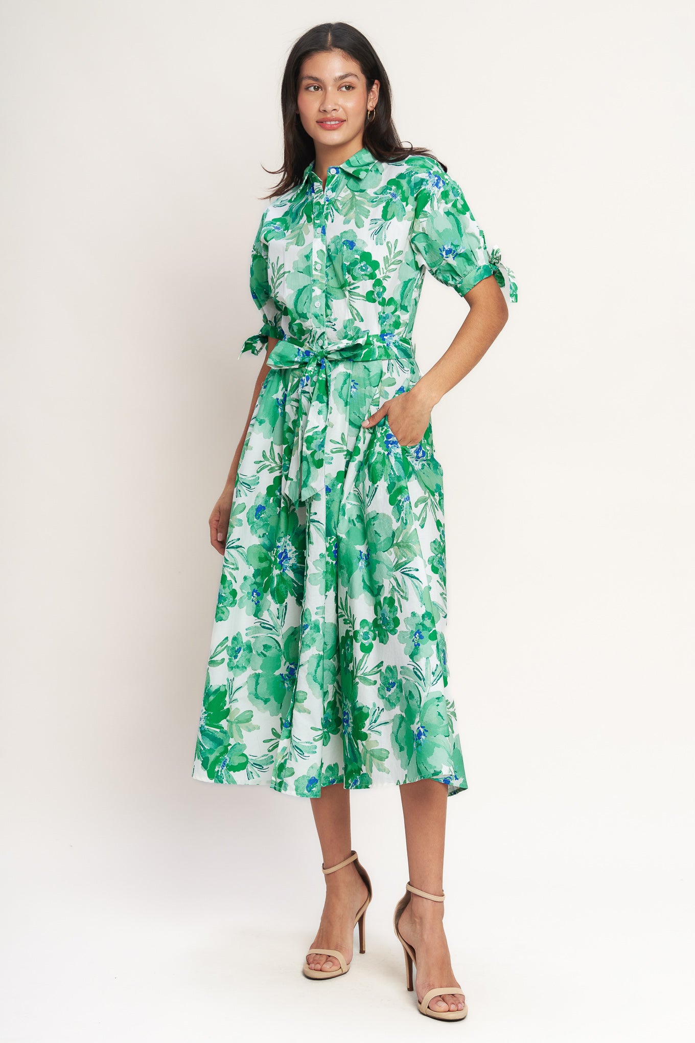 SIMPLY IN BLOOM GREEN FLORAL MIDI SHIRT DRESS
