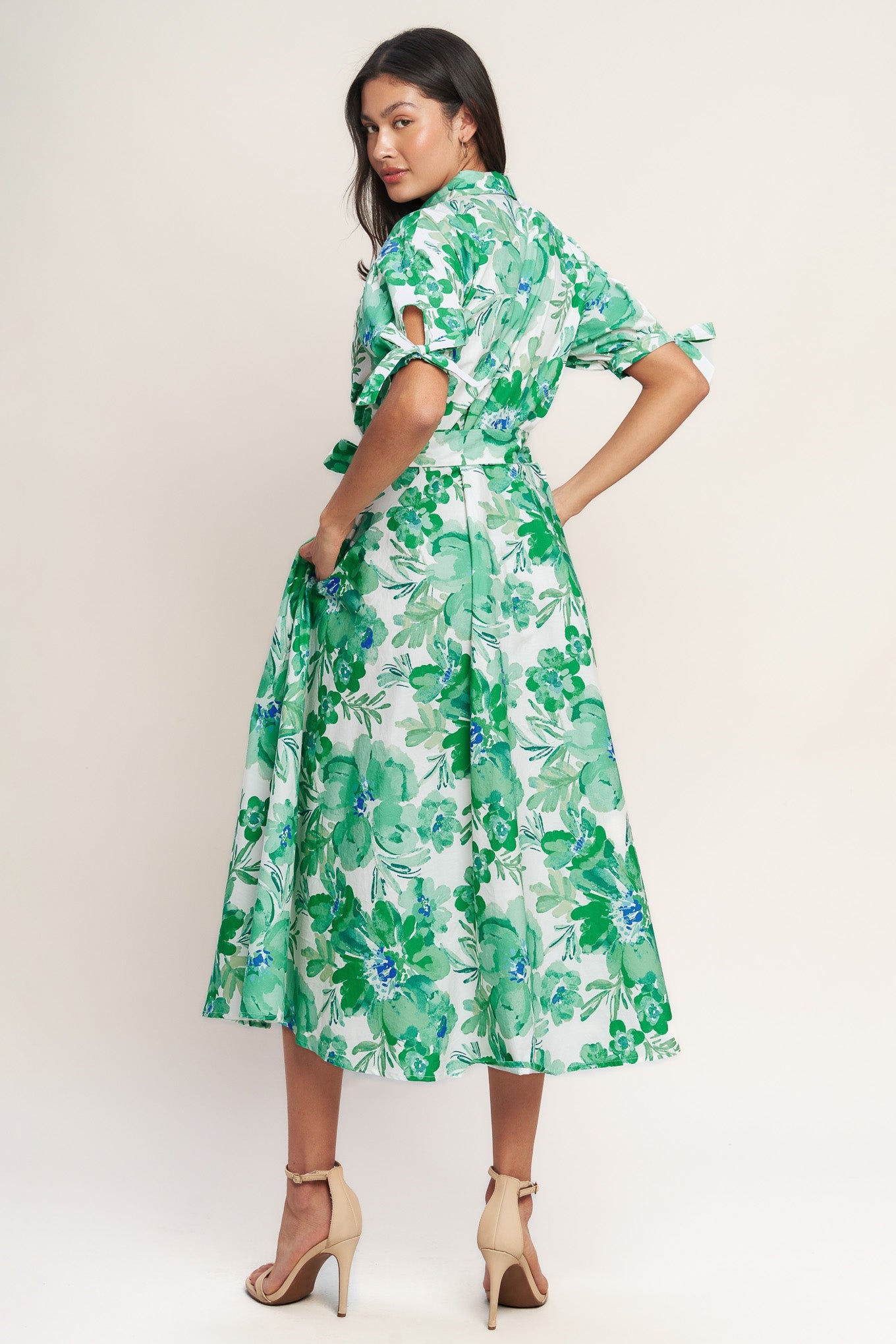 SIMPLY IN BLOOM GREEN FLORAL MIDI SHIRT DRESS