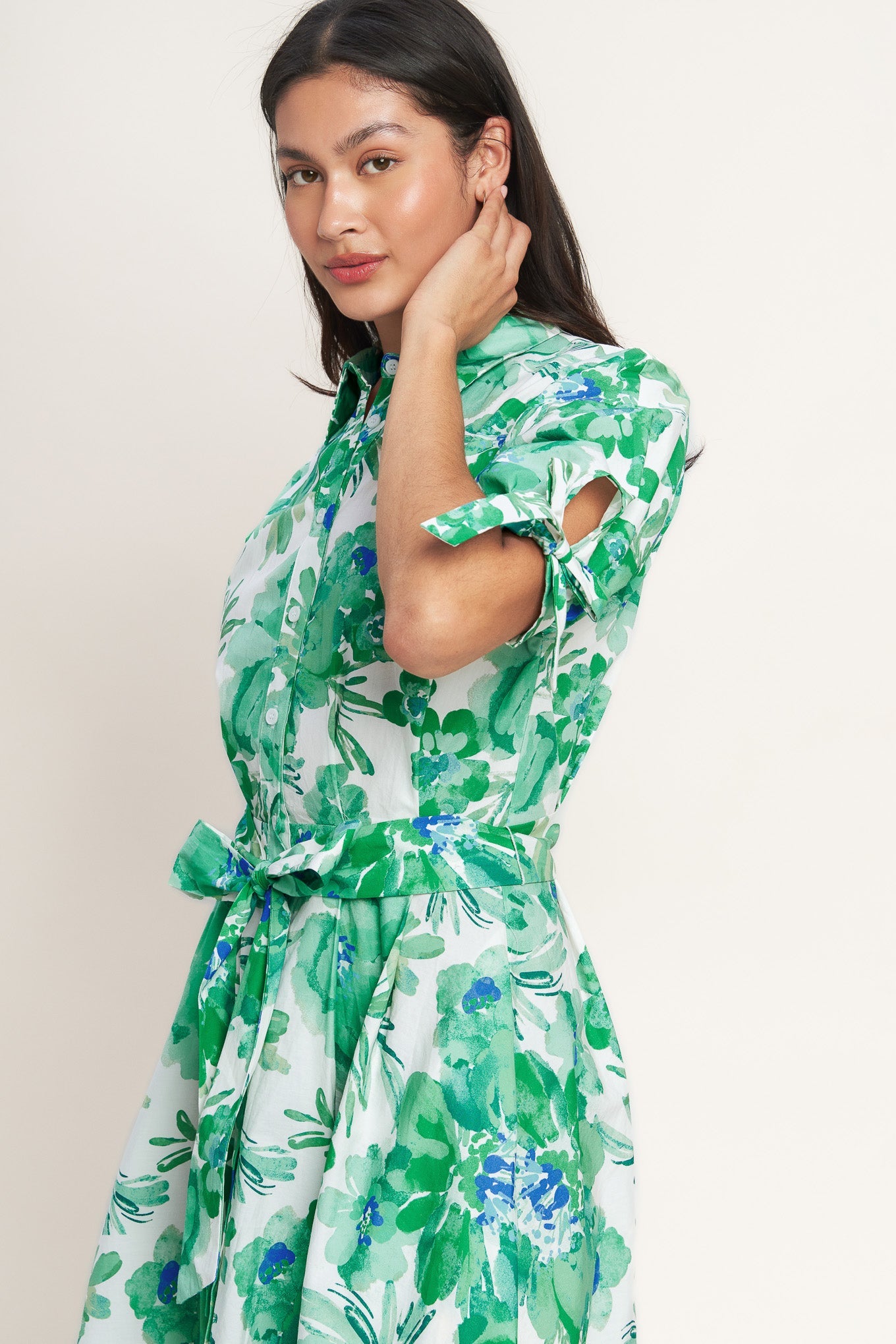 SIMPLY IN BLOOM GREEN FLORAL MIDI SHIRT DRESS
