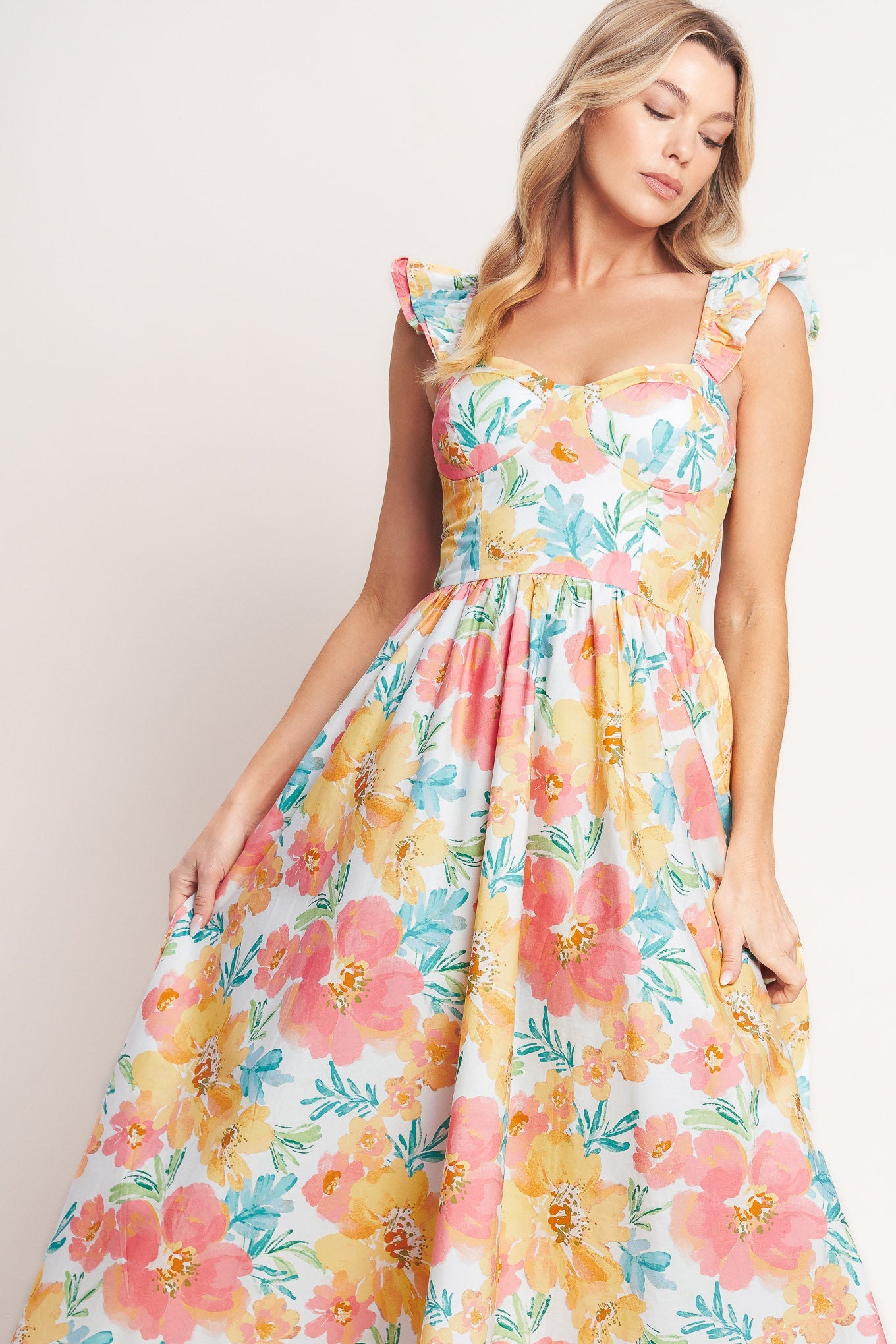 floral midi dress with sleeves Lady Black Tie - Soft Sunshine Multi Floral Midi Dress